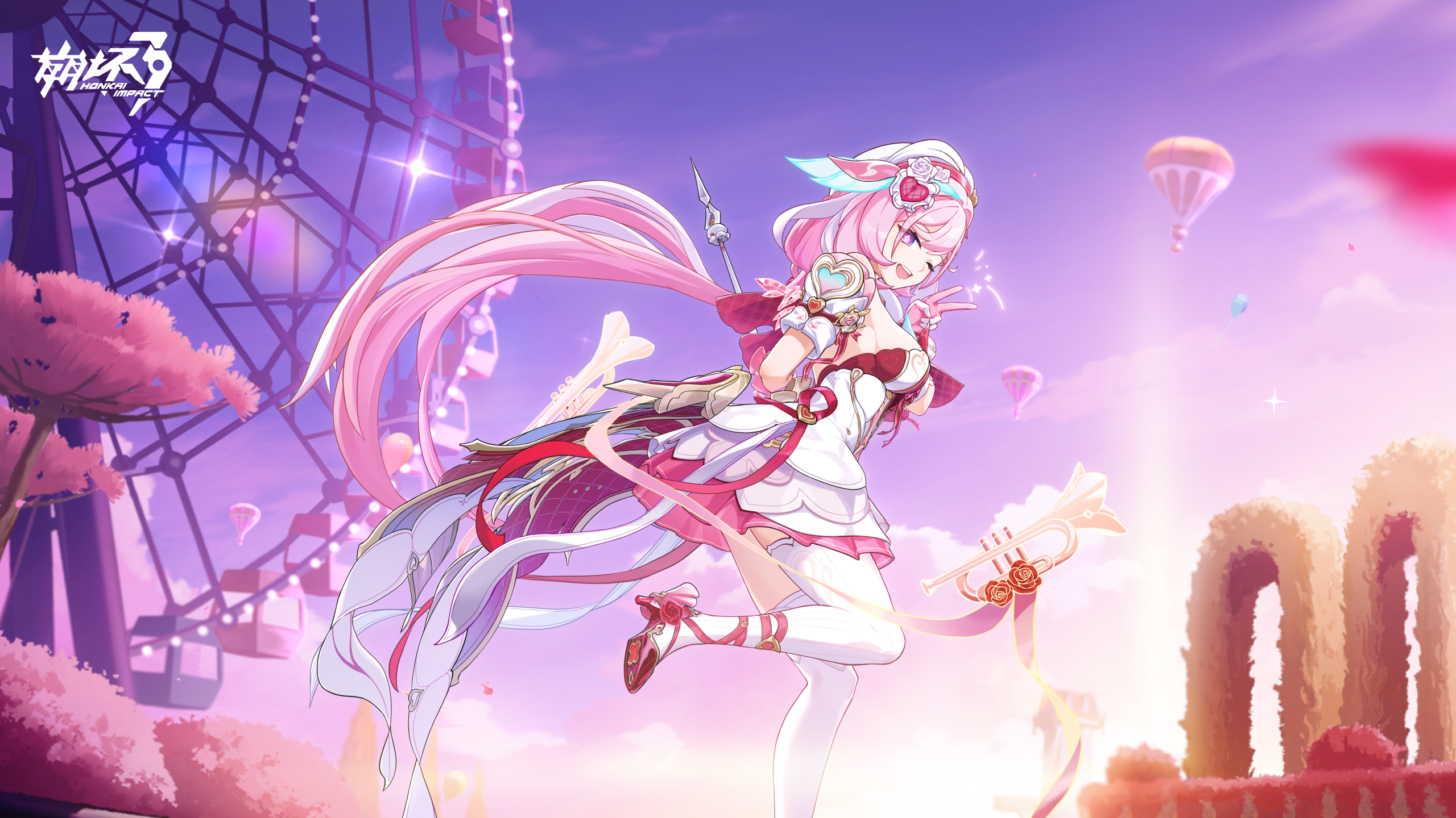 elysia (hi love elf) (honkai impact), elysia (honkai impact), honkai (series), honkai impact 3rd, bad source, highres, official art, official wallpaper, 1girl, building, copyright logo, copyright name, diamond-shaped pupils, diamond (shape), dress, ferris wheel, from side, gloves, hair ornament, hat, high heels, long hair, looking at viewer, megaphone, multicolored hair, one eye closed, open mouth, outdoors, pink gloves, pink hair, purple eyes, sky, smile, solo, symbol-shaped pupils, teeth, thighhighs, tree, two-tone gloves, two-tone hair, upper teeth only, white dress, white gloves, white hair, white hat, white thighhighs