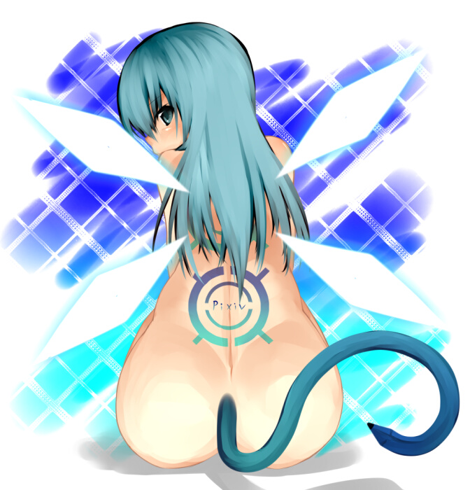 aoinagi, pixiv-tan, pixiv, ass, back, blue eyes, blue hair, long hair, looking back, nude, sitting, solo, tail, wings