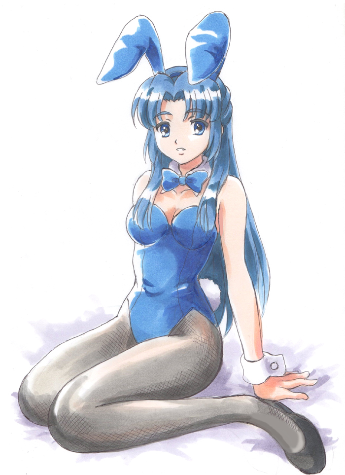 fujita (speedlimit), asakura ryoko, suzumiya haruhi no yuuutsu, 00s, animal ears, blue eyes, blue hair, fake animal ears, long hair, pantyhose, playboy bunny, rabbit ears, solo