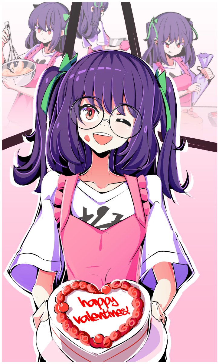usui nagi, shin subarashiki kono sekai, subarashiki kono sekai, 1girl, apron, baking, cake, food, glasses, green ribbon, happy valentine, one eye closed, open mouth, orange eyes, purple hair, ribbon, shirt, smile, twintails, upper body, valentine, white shirt, wink, writing