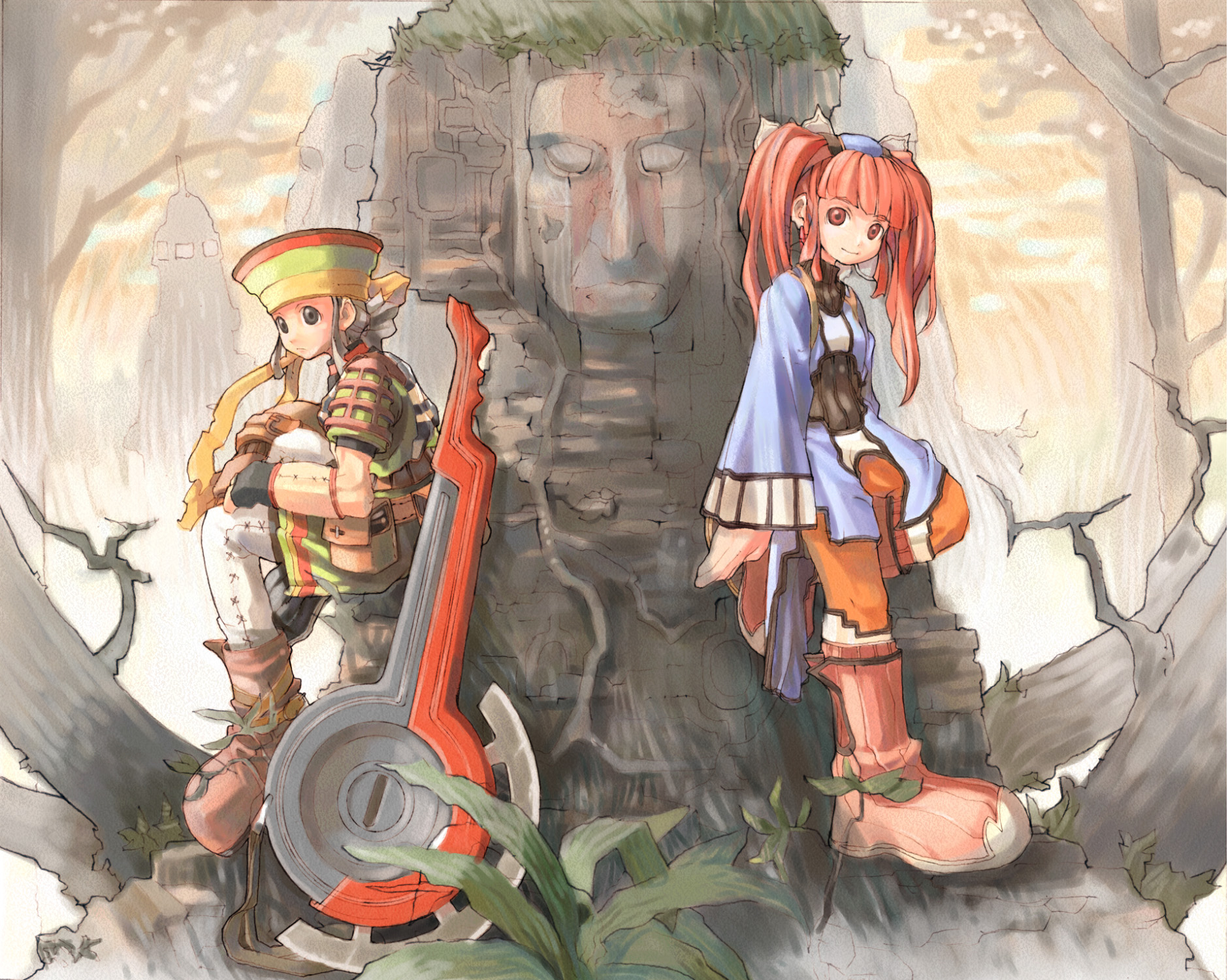 mint (dewprism), rue, rue (dewprism), dewprism, highres, 1boy, 1girl, boots, knee boots, pantyhose, pink boots, pizza cutter sword