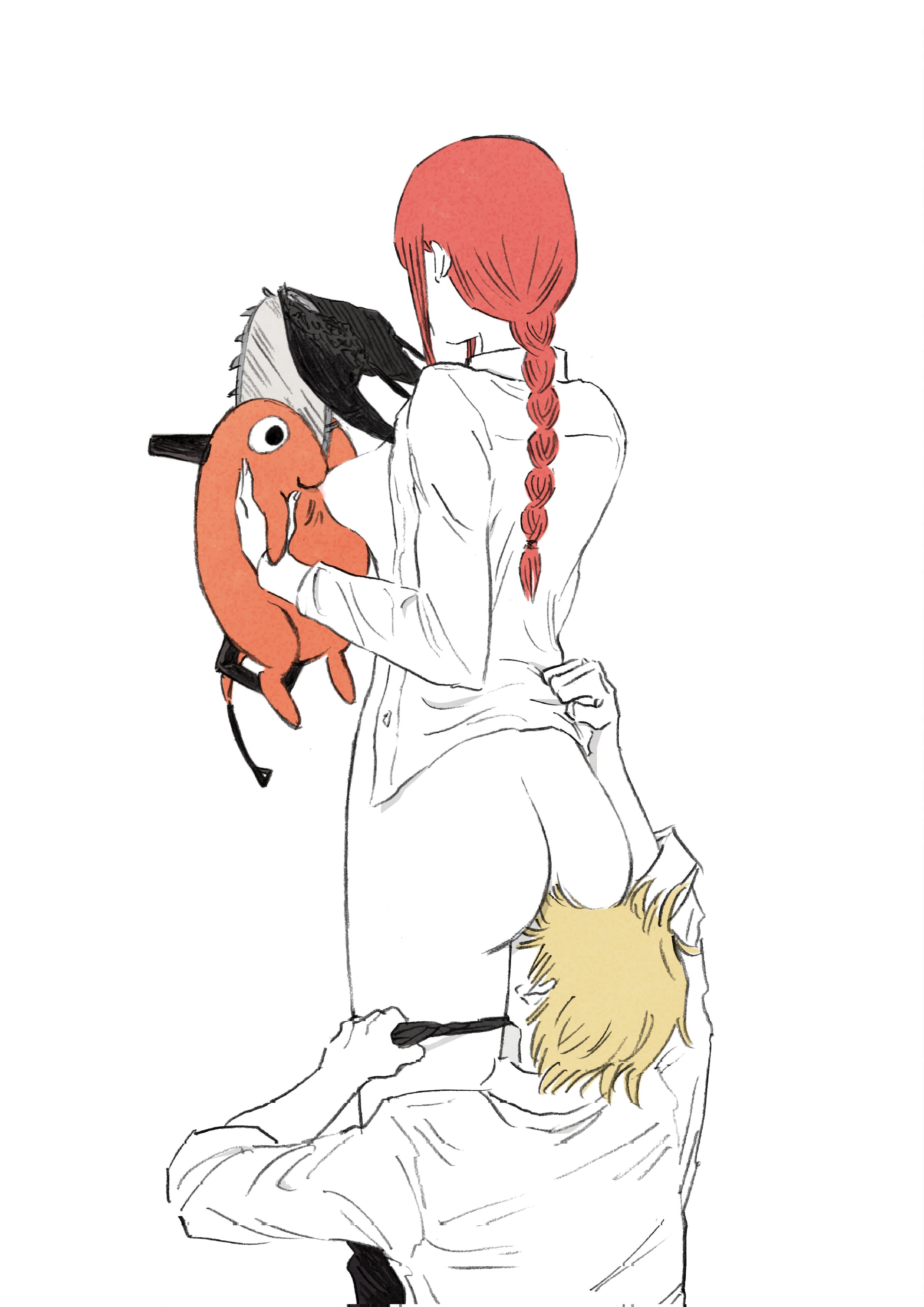 senaka look, denji (chainsaw man), makima (chainsaw man), pochita (chainsaw man), chainsaw man, absurdres, corrupted twitter file, highres, 1boy, 1girl, ass, blonde hair, bra, bra lift, braid, braided ponytail, breast sucking, breasts, clothes pull, face in ass, hetero, medium breasts, open clothes, open shirt, orange hair, panties, pants, pants pull, panty pull, single braid, underwear