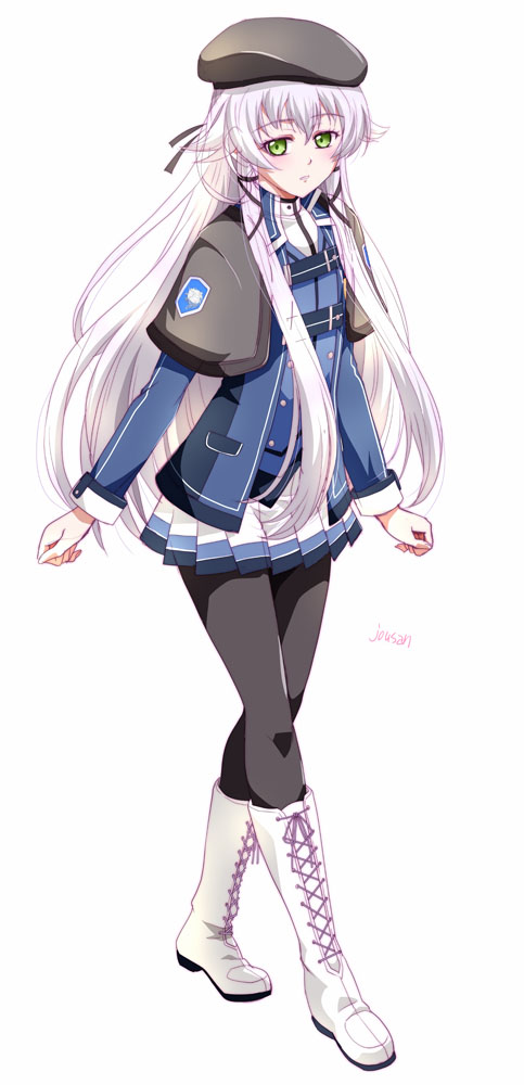 xiacheng tatsuya, altina orion, eiyuu densetsu, sen no kiseki, sen no kiseki (series), sen no kiseki iii, 1girl, artist name, beret, black hat, black thighhighs, boots, capelet, double-parted bangs, floating hair, full body, green eyes, hair between eyes, hat, jacket, long hair, long sleeves, looking at viewer, school uniform, simple background, skirt, solo, tachi-e, thighhighs, thors military academy branch campus uniform, two side up, white background, white boots, white hair