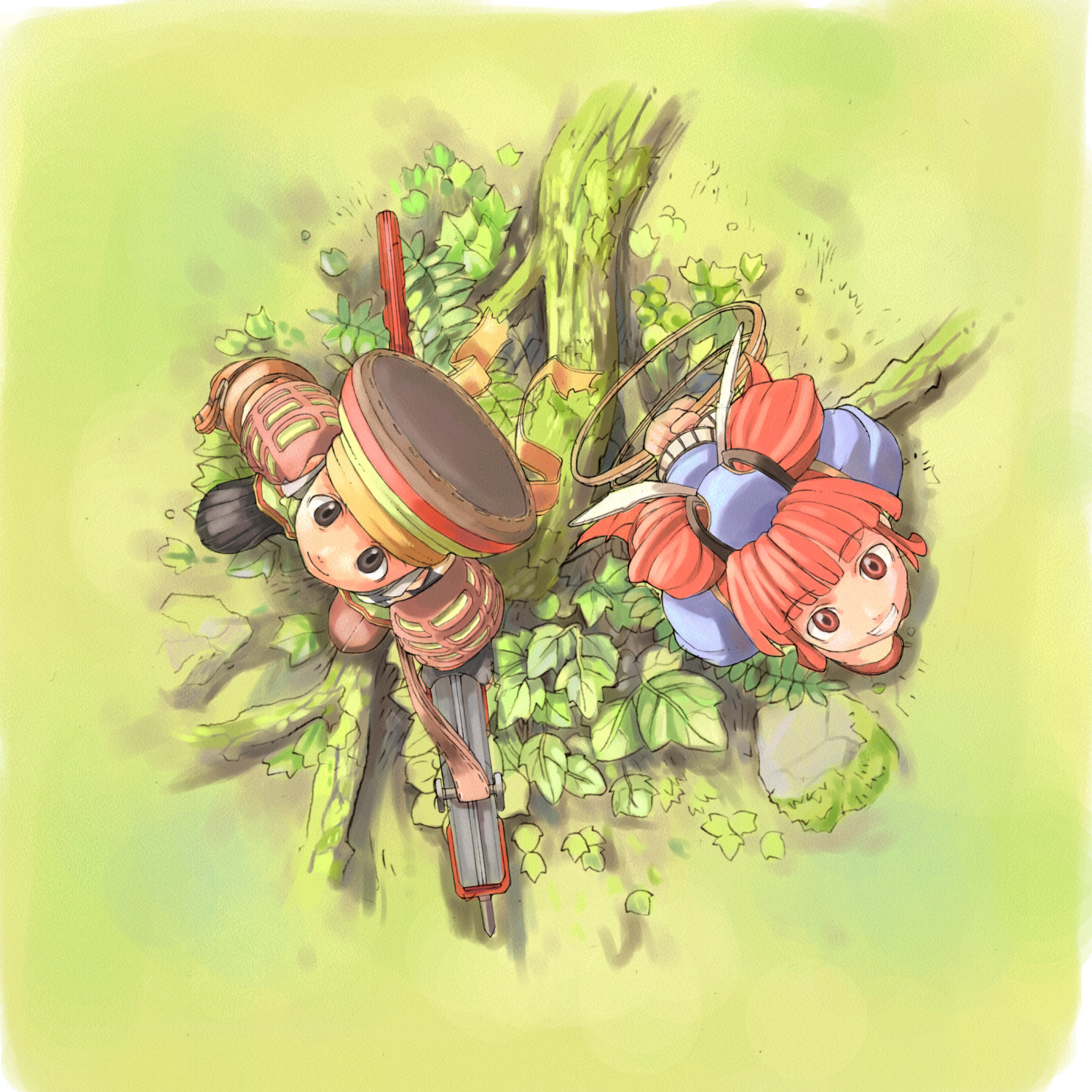 mint (dewprism), rue, rue (dewprism), dewprism, highres, 1boy, 1girl, grass, leaf, smile