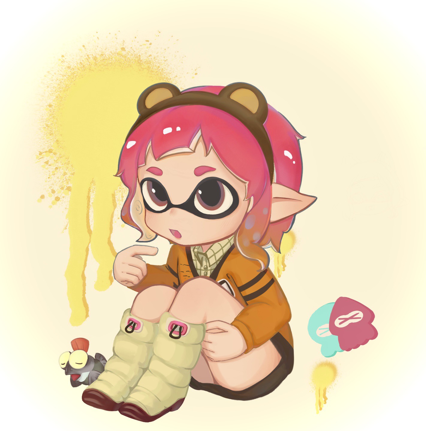 octoling girl, octoling player character, smallfry (splatoon), nintendo, splatoon (series), splatoon 3, chinese commentary, commentary request, highres, 1girl, animal ear hairband, animal ears, bear ear hairband, bear ears, black shorts, blunt bangs, boots, brown hairband, buttons, collared shirt, colored tips, crest, double-parted bangs, fake animal ears, fish, fox39367, full body, hairband, hand on own thigh, knee boots, knees up, long sleeves, multicolored hair, octoling, octopus, orange sweater, paint splatter, pink hair, plaid clothes, plaid shirt, pointing, pointing at self, pointy ears, shirt, shirt under sweater, short hair, shorts, sitting, solo, squid, surprised, sweater, tentacle hair, white boots, white shirt, yellow background
