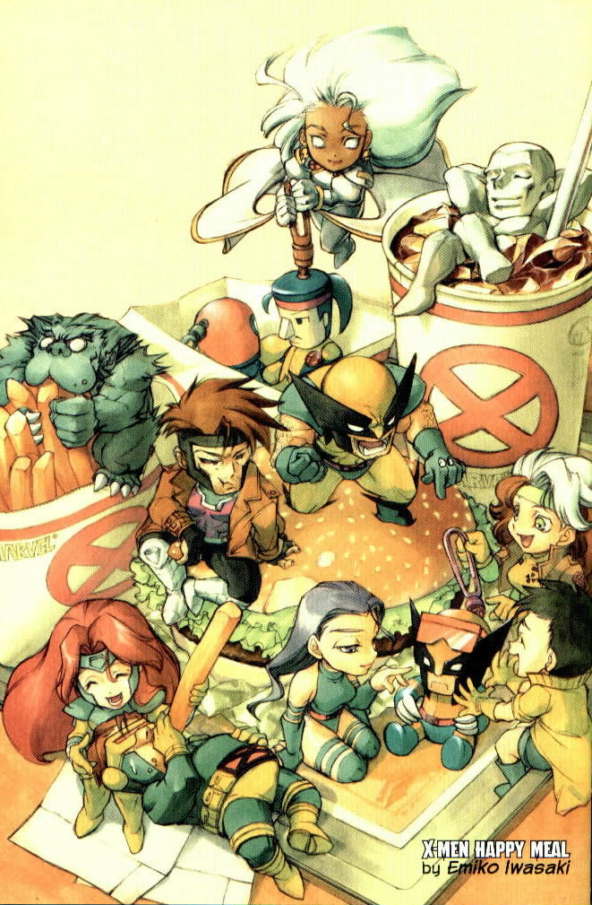 iwasaki emiko, beast (x-men), cyclops (x-men), gambit, iceman (x-men), jean grey, jubilee, magneto, psylocke, rogue (x-men), storm (x-men), wolverine (x-men), marvel, x-men, 4girls, 6+boys, :d, ^ ^, afloat, angry, animification, arms behind head, black hair, blue hair, blue skin, bodysuit, boots, brown hair, burger, cape, chibi, claws, clenched hand, closed eyes, coat, colored skin, dark skin, doll, drink, drinking straw, eating, elbow gloves, empty eyes, everyone, eyewear on head, feeding, fingerless gloves, flying, food, force-feeding, french fries, gloves, headband, kneeling, lap pillow, laughing, leotard, lipstick, long hair, lying, makeup, mask, multicolored hair, multiple boys, multiple girls, muscular, on back, open mouth, plump, pointing, purple hair, red hair, short hair, sitting, smile, submerged, sunglasses, thighhighs, trench coat, two-tone hair, very short hair, white hair, white skin