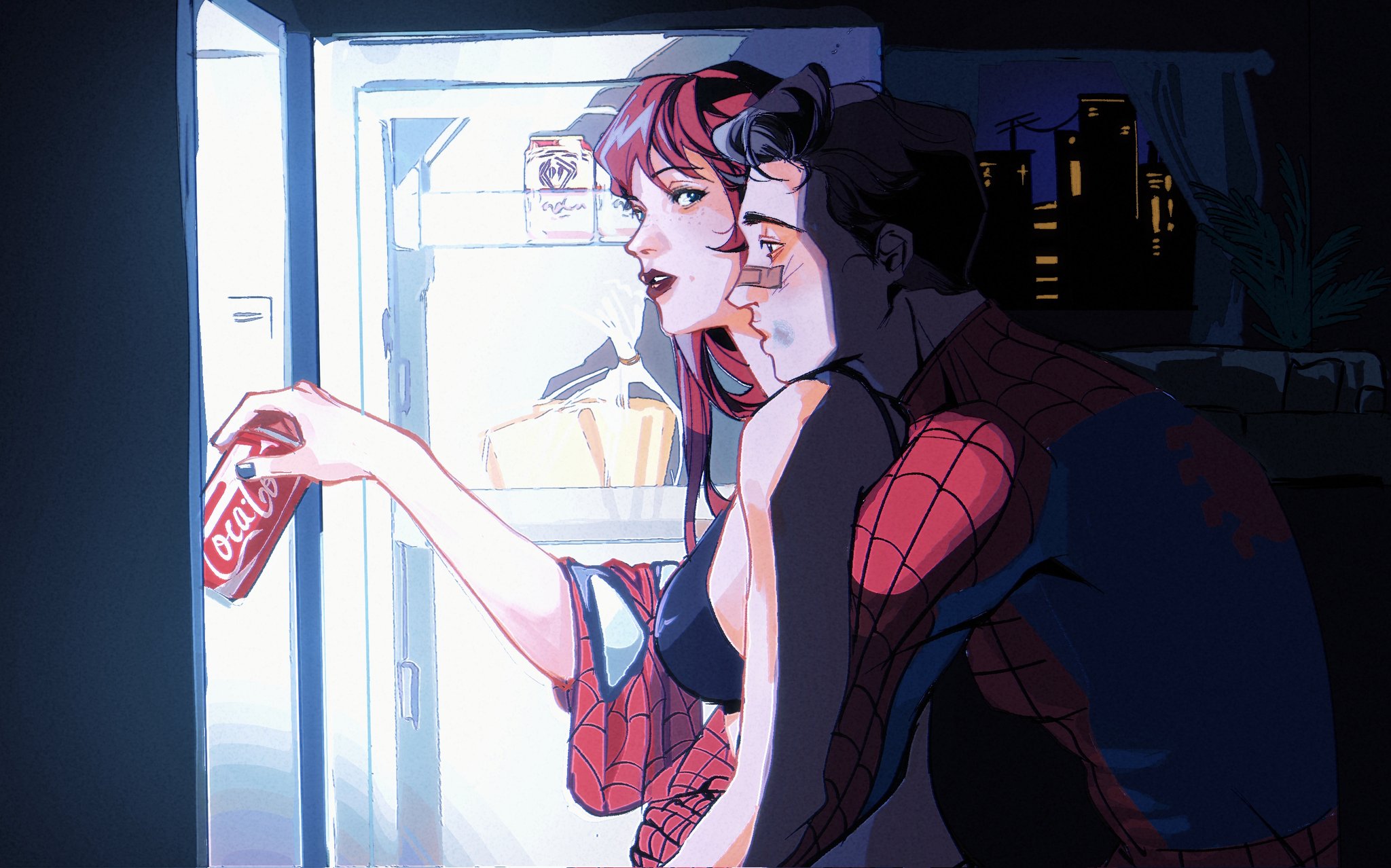 lun chuan weizhi, mary jane watson, peter parker, spider-man, coca-cola, marvel, spider-man (series), highres, 1boy, 1girl, arms around waist, black bra, black hair, bra, bruise, bruise on face, can, city, couple, freckles, from side, green eyes, hetero, holding, holding can, hug, hug from behind, indoors, injury, long hair, looking back, night, open refrigerator, open window, red hair, red lips, refrigerator, refrigerator interior, short hair, straight hair, underwear, upper body, window