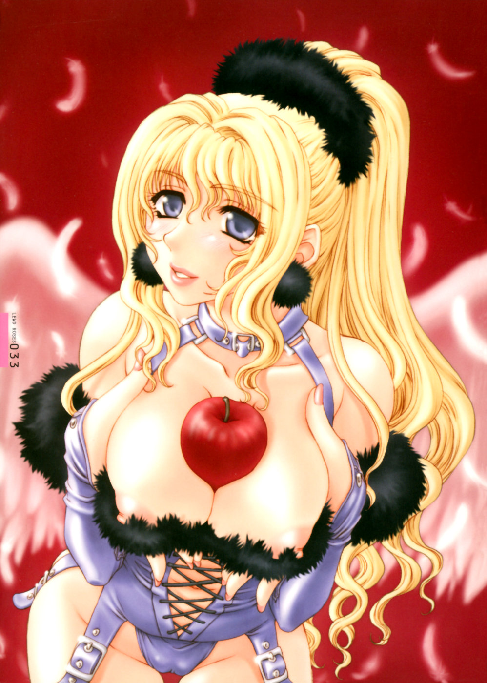 kanesada keishi, highres, non-web source, 1girl, apple, areola slip, between breasts, blonde hair, blue eyes, breasts, breasts squeezed together, cameltoe, cleavage, covered erect nipples, female focus, fingernails, food, fruit, garter straps, grey eyes, huge breasts, large breasts, leaning forward, lingerie, long fingernails, long hair, nail (hardware), nail polish, nipple slip, nipples, ponytail, solo, teddiette, teddy (lingerie), thigh gap, thighs, underwear