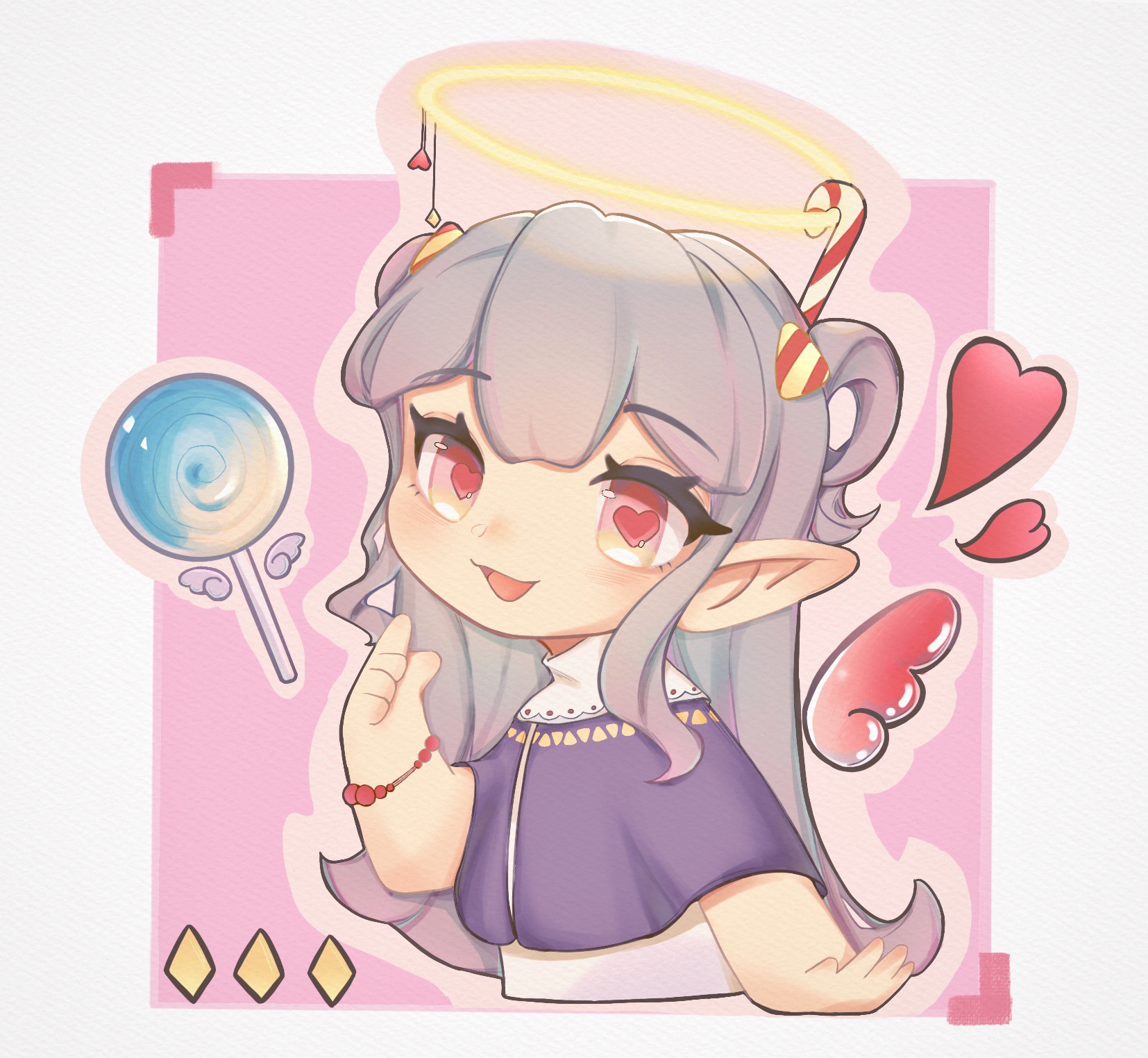 character request, chinese commentary, commentary request, copyright request, highres, 1girl, angel, angel wings, bead bracelet, beads, blunt bangs, border, bracelet, candy, candy cane, candy corn, candy hair ornament, cartoon wings, cropped torso, detached wings, eyelashes, food, food-themed hair ornament, fox39367, grey hair, hair between eyes, hair ornament, halo, happy, heart, heart-shaped pupils, jewelry, lollipop, long hair, looking at viewer, outside border, pink background, pink border, pink eyes, pink pupils, pink wings, pointing, pointing at self, pointy ears, purple poncho, shirt, solo, straight hair, swirl lollipop, symbol-shaped pupils, turtleneck, turtleneck shirt, two side up, very long hair, white border, white shirt, wings, yellow halo