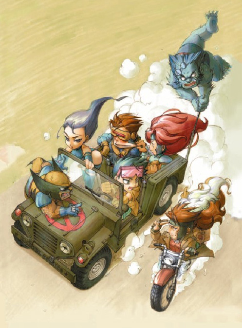 iwasaki emiko, beast (x-men), cyclops (x-men), gambit, jean grey, jubilee, psylocke, rogue (x-men), wolverine (x-men), marvel, x-men, 3girls, 4boys, angry, animification, black hair, blue hair, blue skin, blue thighhighs, brown hair, car, chibi, coat, colored skin, everyone, eyewear on head, glasses, gloves, goggles, leotard, long hair, mask, military jeep, motor vehicle, motorcycle, multicolored hair, multiple boys, multiple girls, muscular, pointing, purple hair, red hair, short hair, smoke, sunglasses, thighhighs, trench coat, two-tone hair, vehicle focus, very short hair, wavy hair, white hair