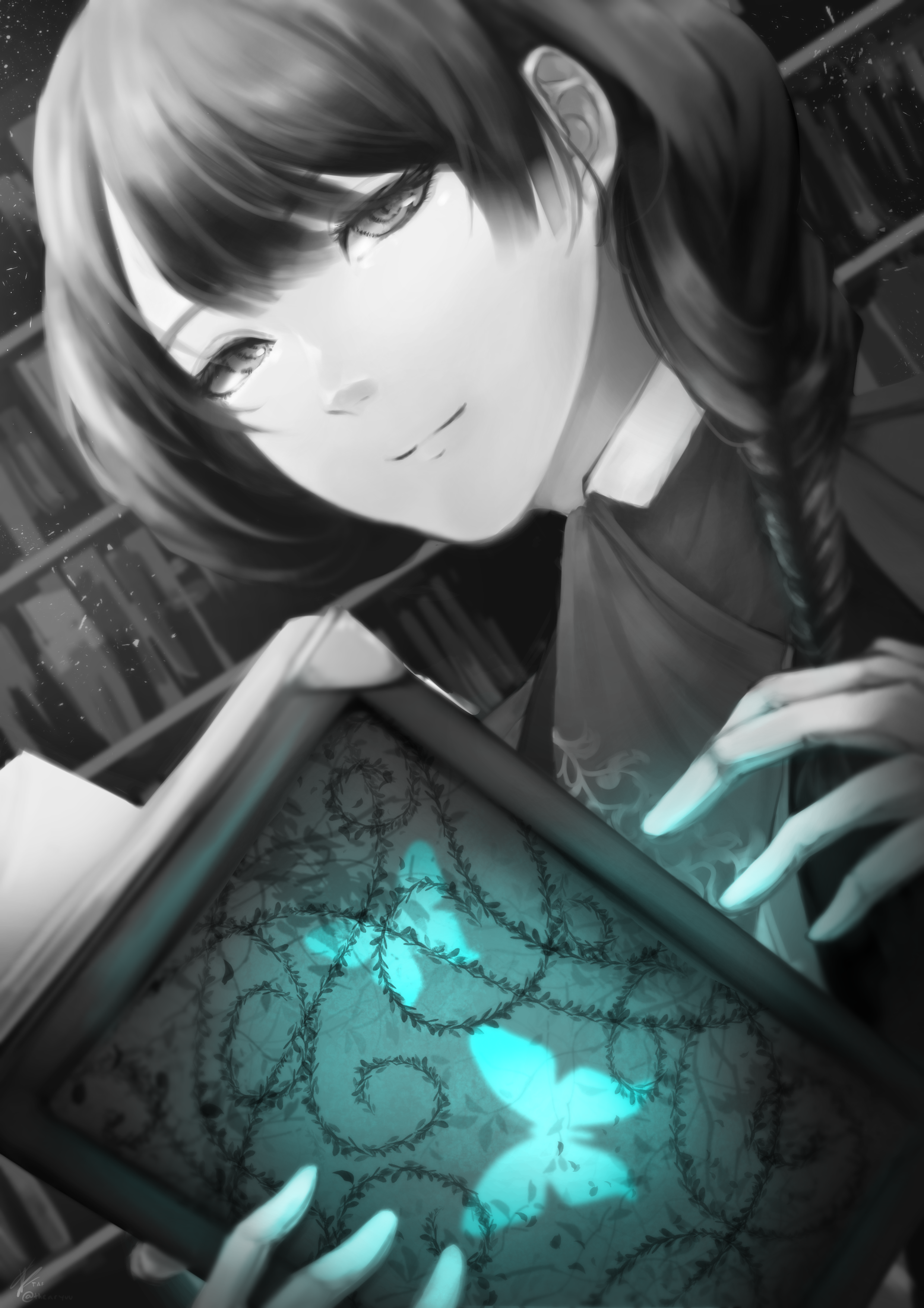 an verskprr, es (alter ego), alter ego (game), absurdres, highres, 1girl, black eyes, black hair, blue butterfly, book, bookshelf, braid, braided ponytail, bug, butterfly, closed mouth, collared jacket, collared shirt, gloves, glowing butterfly, grey eyes, greyscale, hair between eyes, holding, holding book, insect, jacket, long hair, looking at viewer, monochrome, pale skin, ponytail, scarf, shirt, short hair, single braid, small smile, smile, solo, undershirt, white gloves
