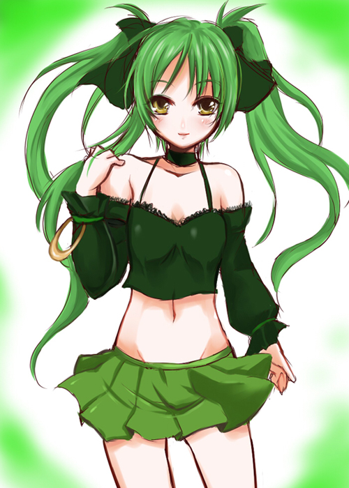 atoshi, original, bad id, bad pixiv id, bare shoulders, blush, brown eyes, green hair, green theme, long hair, midriff, miniskirt, navel, skirt, smile, solo, twintails