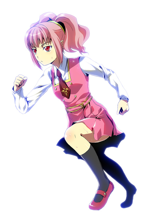 isobe, anya alstreim, code geass, bad id, bad pixiv id, 00s, 1girl, female focus, flat chest, full body, necktie, pink hair, red eyes, running, school uniform, serafuku, serious, shoes, simple background, socks, solo, white background