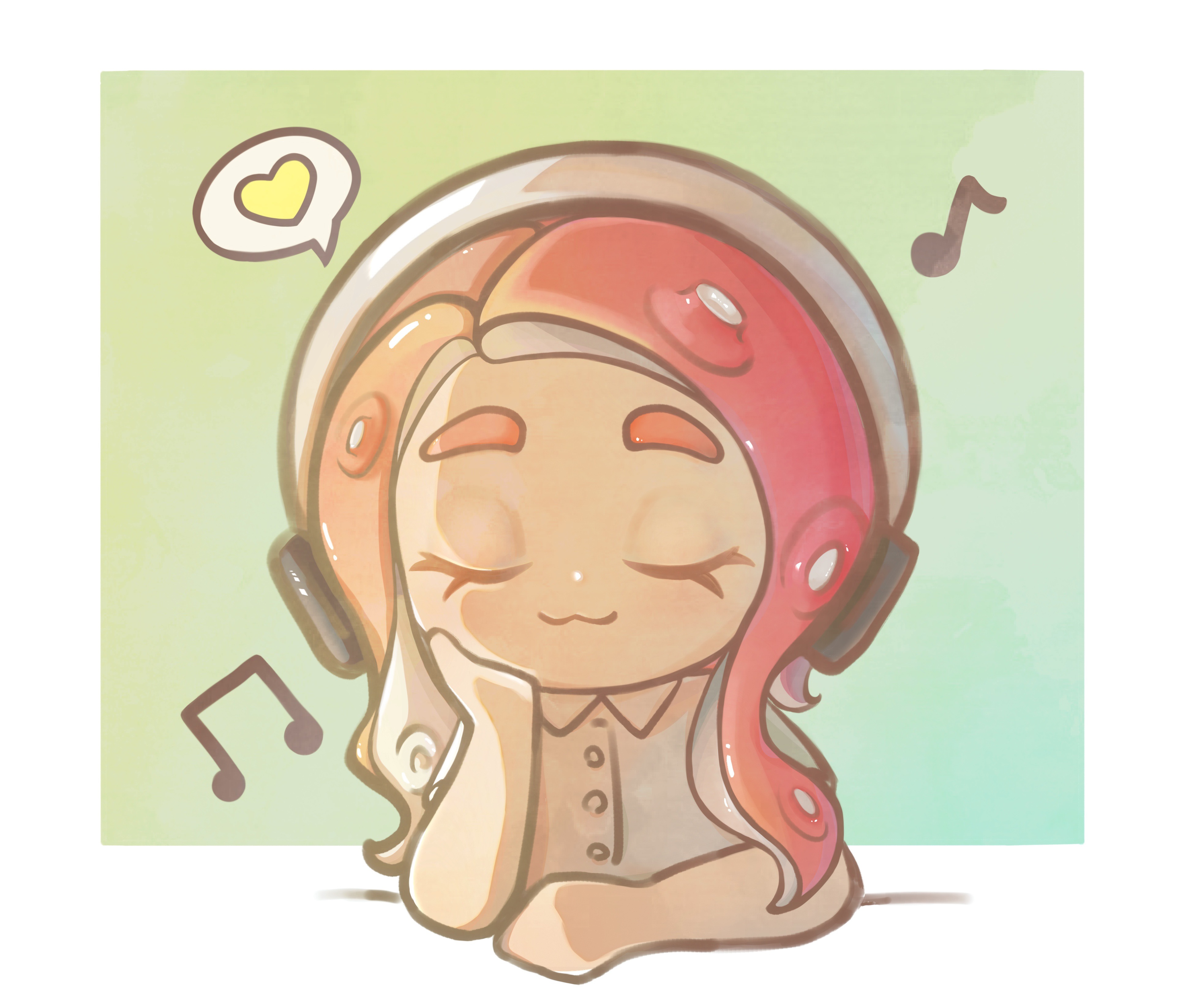 octoling girl, octoling player character, nintendo, splatoon (series), splatoon 3, absurdres, chinese commentary, commentary request, highres, 1girl, bare arms, border, closed eyes, closed mouth, collared shirt, cropped torso, dress shirt, eyelashes, fox39367, green background, hand on own cheek, hand on own face, happy, headphones, heart, light blush, listening to music, long hair, musical note, octoling, outside border, pink hair, shirt, short sleeves, sidelocks, smile, solo, speech bubble, spoken heart, tentacle hair, white border, white shirt