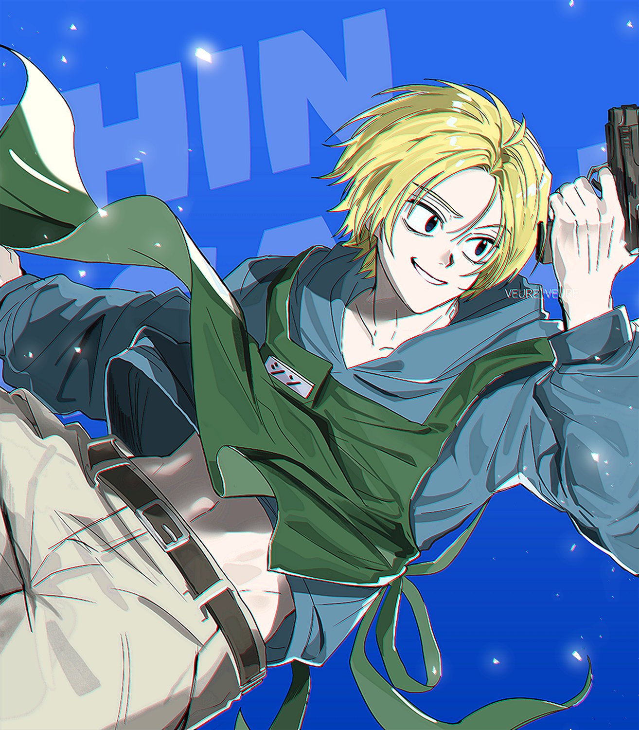 mxhxkxcx, shin (sakamoto days), sakamoto days, highres, 1boy, apron, belt, black belt, black eyes, blonde hair, blue background, blue jacket, character name, collarbone, green apron, grin, gun, handgun, holding, holding gun, holding weapon, jacket, looking ahead, male focus, pants, short hair, smile, solo, twitter username, weapon, white pants
