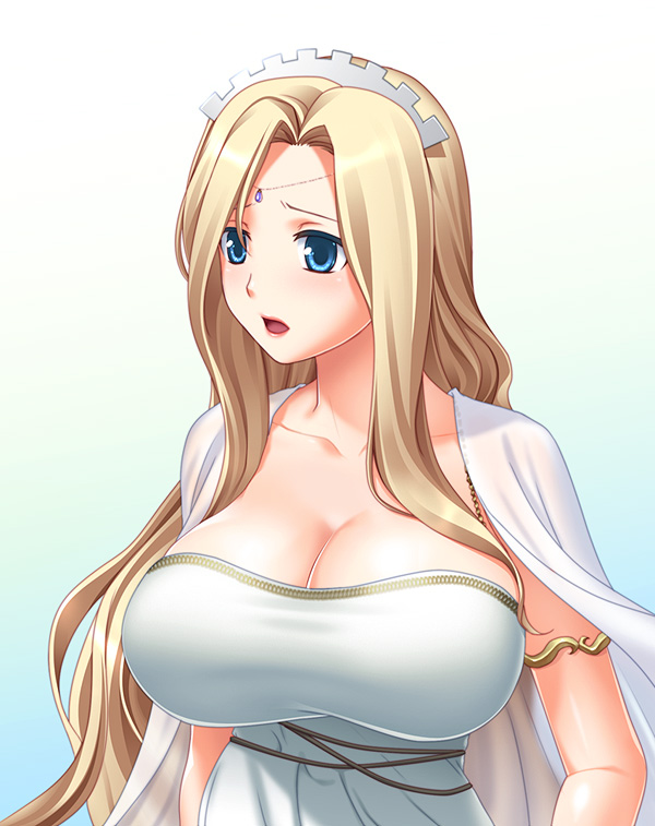 isobe, cassandra, moira, sound horizon, bad id, bad pixiv id, 1girl, armlet, blonde hair, blue eyes, blush, breasts, brown hair, circlet, cleavage, dress, female focus, gradient background, headdress, huge breasts, jewelry, lipstick, long hair, makeup, mature female, open mouth, shawl, solo