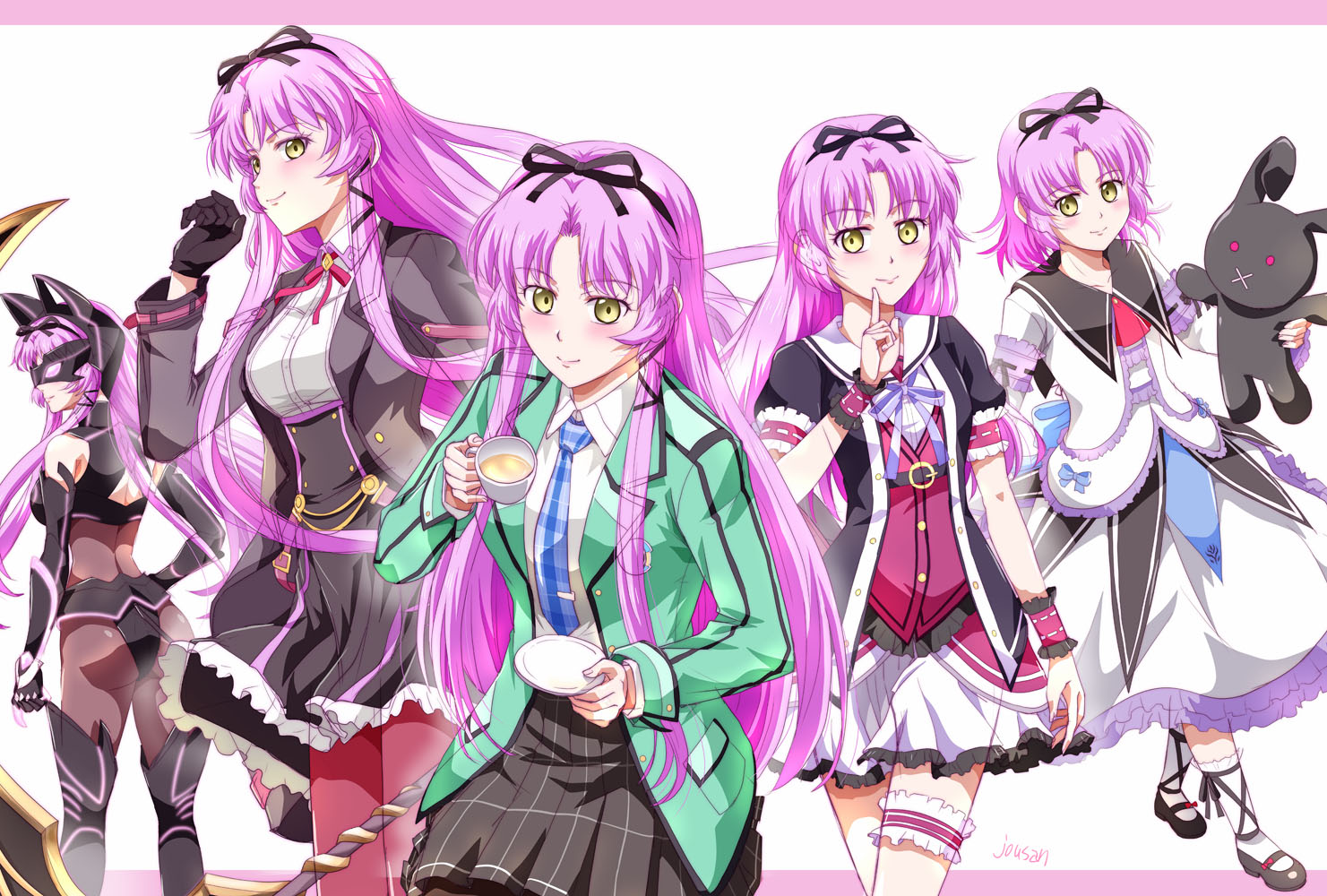 xiacheng tatsuya, grimcats (eiyuu densetsu), renne (eiyuu densetsu), eiyuu densetsu, kai no kiseki, kuro no kiseki, kuro no kiseki (series), kuro no kiseki i, kuro no kiseki ii, sen no kiseki, sen no kiseki (series), sen no kiseki iv, sora no kiseki, 1girl, animal ears, aramis high school uniform, artist name, bare shoulders, black bodysuit, blush, bob cut, bodysuit, border, bow, breasts, cat ears, cup, curtained hair, detached sleeves, dress, fake animal ears, floating hair, hair between eyes, hair bow, hair ornament, hair ribbon, holding, holding cup, holding saucer, holding stuffed toy, jacket, latex, latex bodysuit, long hair, long sleeves, looking at viewer, mary janes, mask, medium breasts, parted bangs, pink border, puffy short sleeves, puffy sleeves, purple hair, ribbon, saucer, school uniform, shoes, short hair, short sleeves, simple background, skin tight, skirt, small breasts, smile, stuffed animal, stuffed rabbit, stuffed toy, thighhighs, two-tone background, two side up, white background