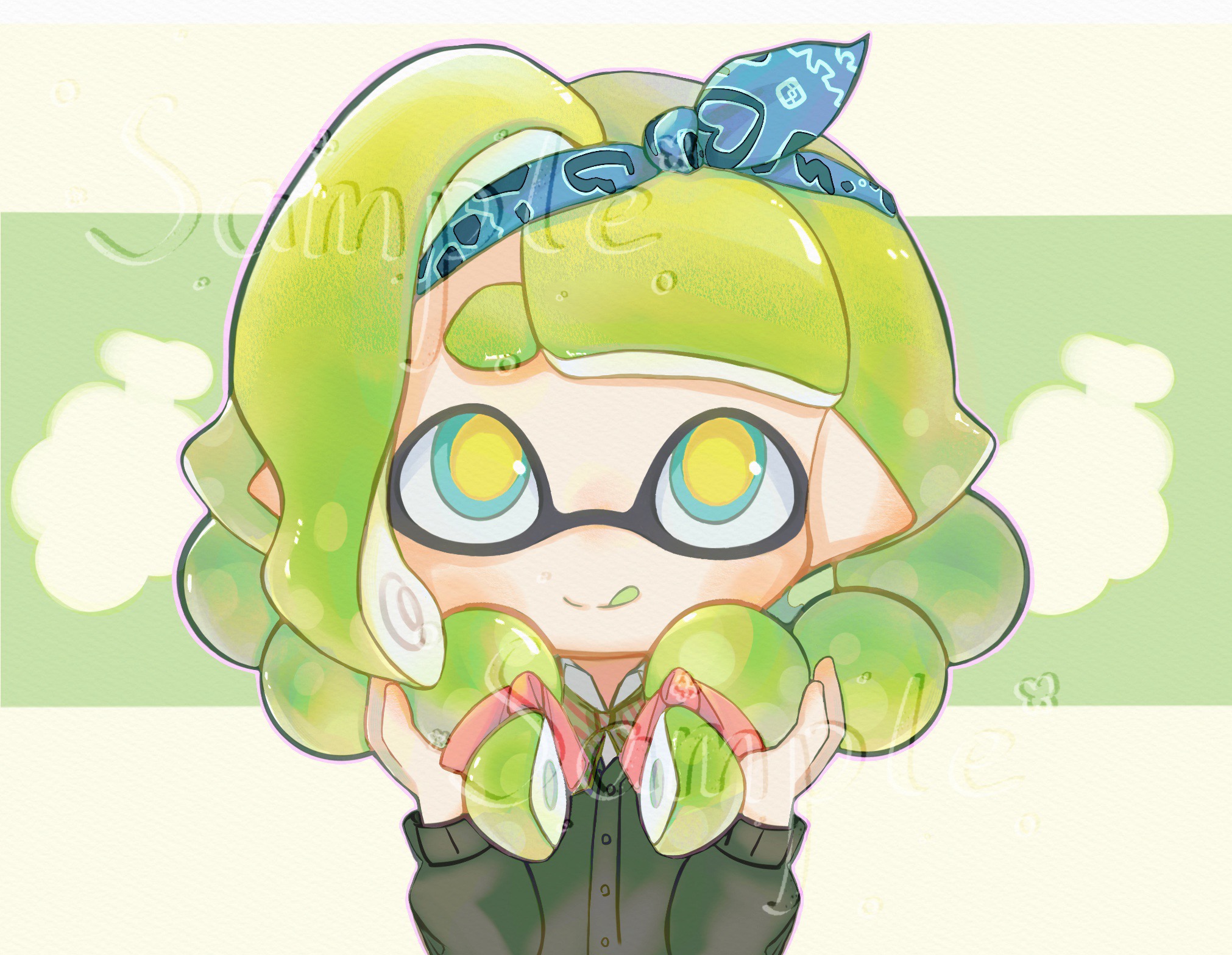 inkling girl, inkling player character, nintendo, splatoon (series), splatoon 3, commission, highres, 1girl, :q, blue bow, blue eyes, blue hairband, blunt bangs, bow, bow hairband, bowtie, buttons, closed mouth, collared shirt, colored tongue, fox39367, green background, green bow, green bowtie, green hair, green jacket, green tongue, hairband, happy, holding, holding own hair, jacket, light blush, long hair, long sleeves, looking at viewer, low-tied long hair, multi-tied hair, outline, pink outline, pointy ears, puffy long sleeves, puffy sleeves, red bow, red bowtie, sample watermark, shirt, smile, solo, striped bow, striped bowtie, striped clothes, sweater jacket, tentacle hair, tongue, tongue out, two-tone background, two-tone bow, two-tone bowtie, upper body, watermark, white background, white shirt, yellow pupils