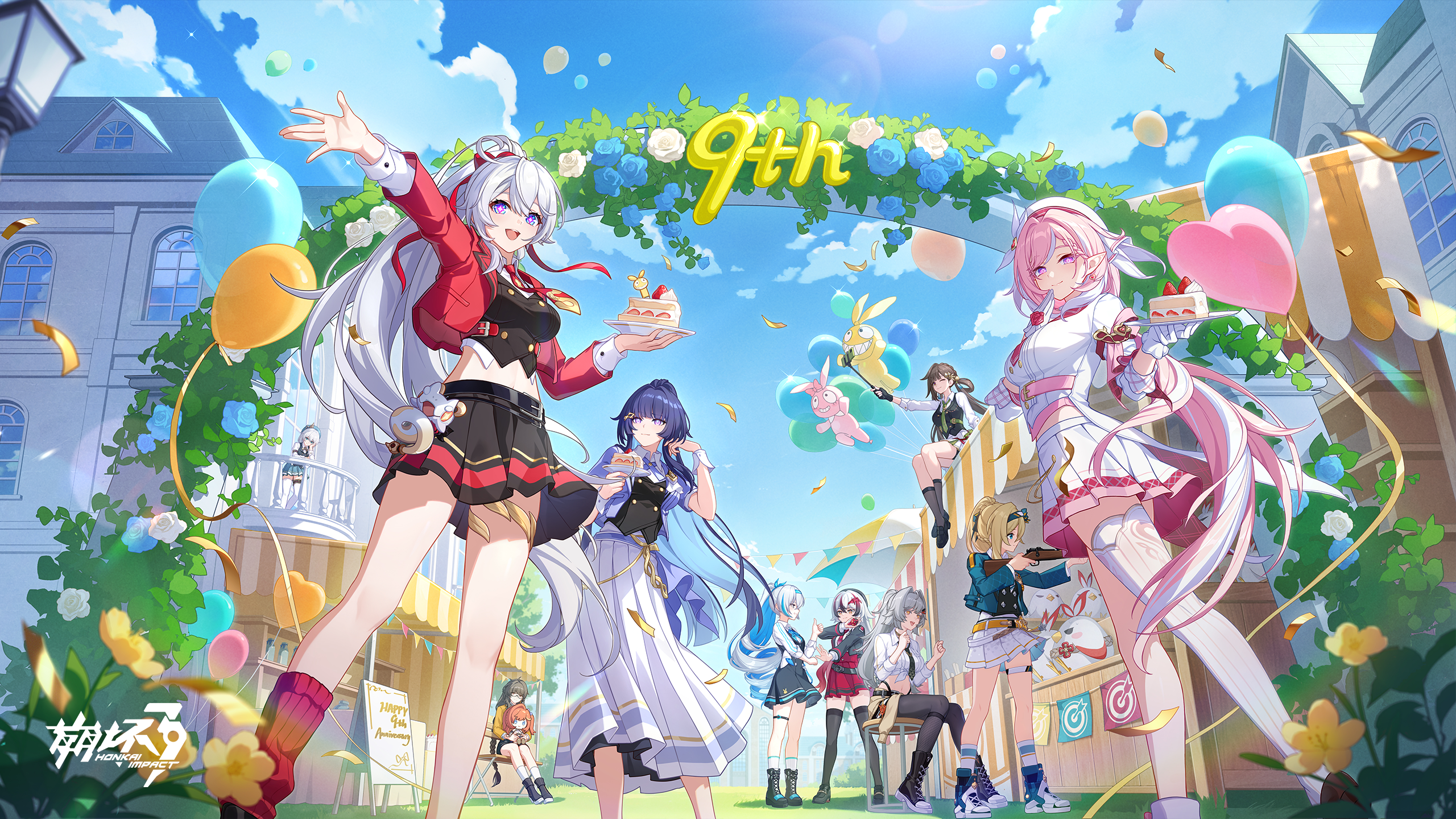 bronya zaychik, bronya zaychik (herrscher of truth), coralie 6626 planck, durandal (honkai impact), durandal (reign solaris) (honkai impact), elysia (hi love elf) (honkai impact), elysia (honkai impact), entropy (honkai impact 3rd), erdos helia, female dreamseeker (honkai impact), homei (honkai impact), homu (honkai impact), jingwei (bird), kiana kaslana, kiana kaslana (herrscher of finality), leylah (honkai impact), li sushang, raiden mei, raiden mei (herrscher of origin), senadina, theresa apocalypse, honkai (series), honkai impact 3rd, bad source, chinese commentary, commentary request, highres, official art, official wallpaper, 6+girls, anniversary, black boots, black hair, black shoes, black skirt, black socks, black thighhighs, blue hair, blue sky, boots, cake, closed mouth, cloud, copyright logo, copyright name, food, gloves, grey hair, jacket, knee boots, kneehighs, long hair, long skirt, long sleeves, midriff, multicolored hair, multiple girls, navel, official alternate costume, open clothes, open jacket, open mouth, pink eyes, pink hair, pointy ears, ponytail, red socks, shoes, single thighhigh, sitting, skirt, sky, smile, socks, streaked hair, symbol-shaped pupils, thighhighs, very long hair, white gloves, white hair, white skirt, white socks, white thighhighs