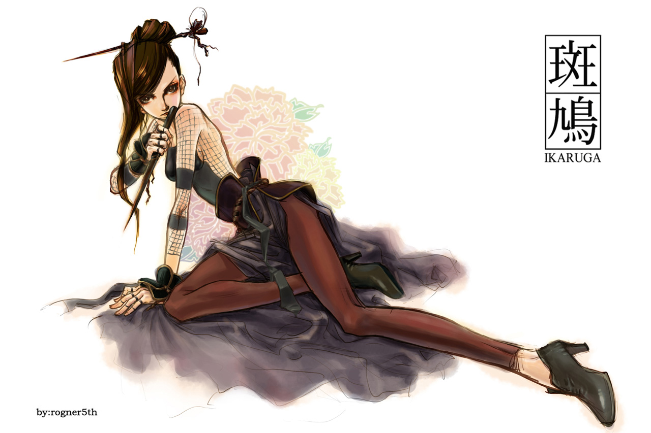 hao & su, rogner5th, kagari (ikaruga), ikaruga, 1girl, dress, female focus, fishnets, goth fashion, hair ornament, high heels, leggings, shoes, solo
