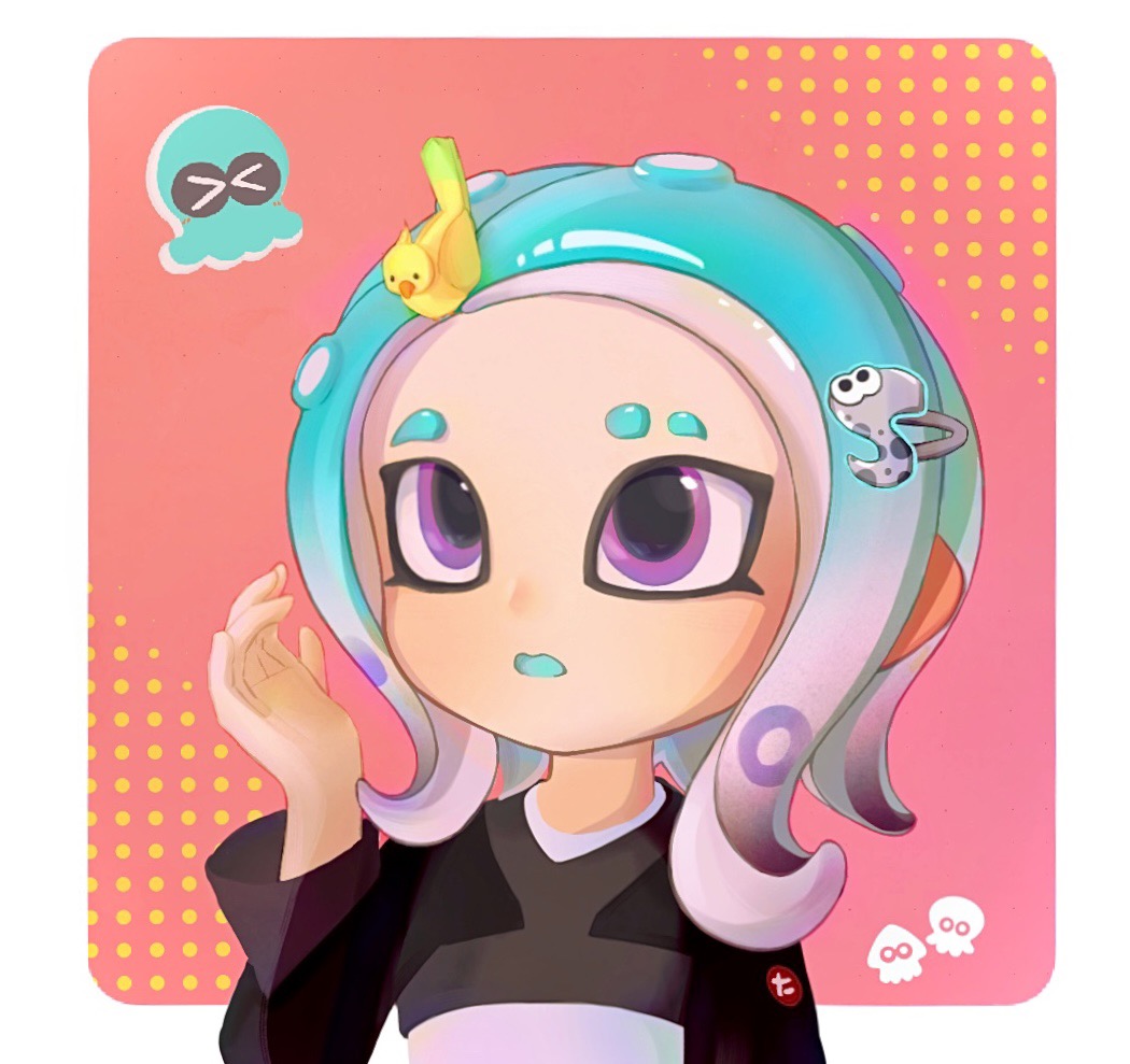 octoling girl, octoling player character, nintendo, splatoon (series), splatoon 3, 1girl, animal, animal on head, bird, bird on head, black shirt, blue hair, blue tongue, border, colored tongue, eyelashes, forehead, fox39367, gradient hair, hair ornament, hairclip, halftone, halftone background, hand up, letter hair ornament, light blush, long sleeves, looking at animal, medium hair, multicolored hair, on head, open mouth, outside border, pink hair, purple eyes, red background, shirt, solo, squid, surprised, tentacle hair, two-tone hair, two-tone shirt, upper body, upturned eyes, white border, white shirt