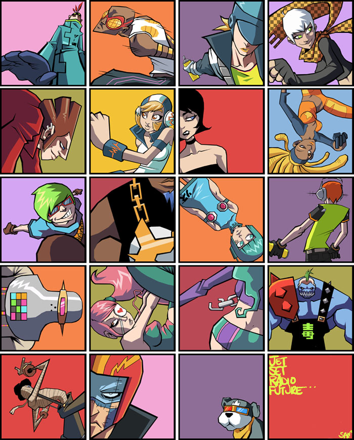 beat (jsr), boogie (jsr), combo (jsr), corn (jsr), cube (jsr), garam (jsr), jazz (jsr), mekabu-chan, potts (jsr), soda (jsr), yoyo (jsr), jet grind radio, jet set radio, jet set radio future, sega, 6+boys, 6+girls, chain, dog, everyone, eyepatch, glasses, goggles, headphones, multiple boys, multiple girls, scarf