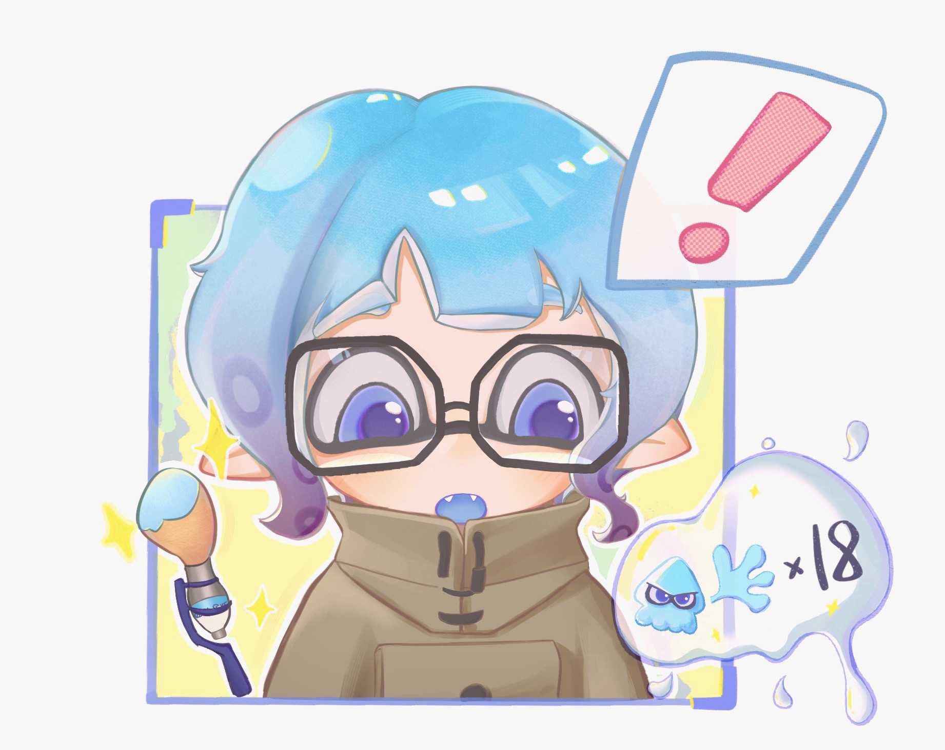 octoling girl, octoling player character, nintendo, splatoon (series), splatoon 3, highres, weapon request, !, 1girl, black-framed eyewear, blue eyes, blue hair, blue tongue, blunt bangs, brown coat, buttons, coat, collared coat, colored tips, colored tongue, double-parted bangs, fangs, fox39367, gameplay mechanics, glasses, high collar, long sleeves, looking at object, multicolored hair, octoling, open mouth, outline, pointy ears, short hair, solo, sparkle, speech bubble, spoken exclamation mark, squid, surprised, tentacle hair, upper body, white background, yellow outline