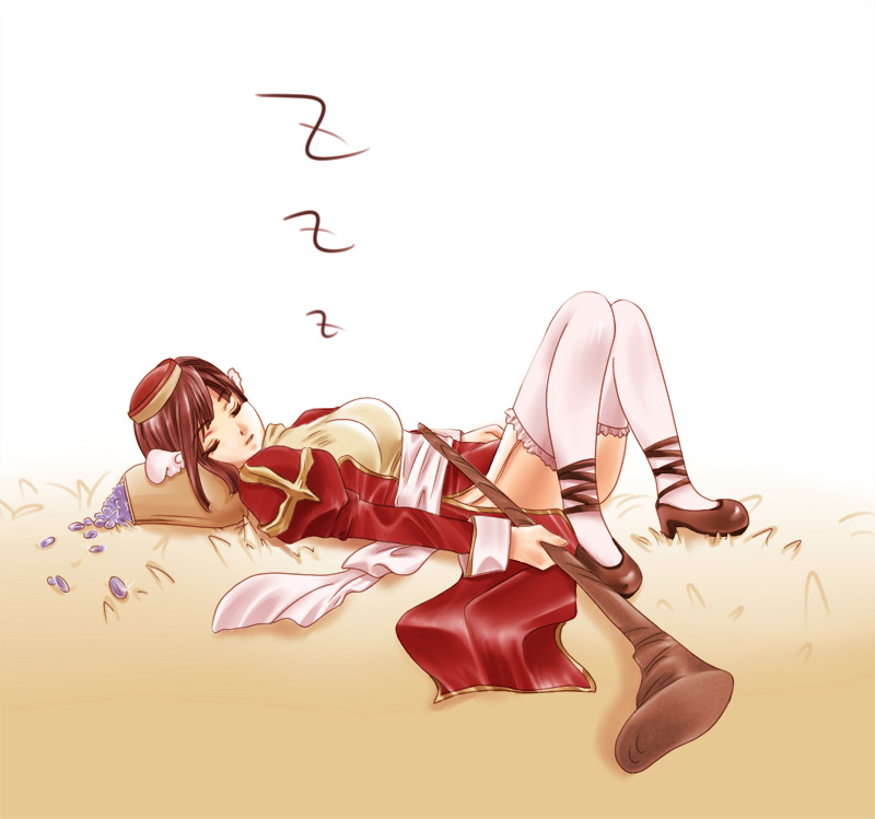 nachu, high priest (ragnarok online), ragnarok online, brown hair, dress, hat, short hair, sleeping, solo, staff, thighhighs