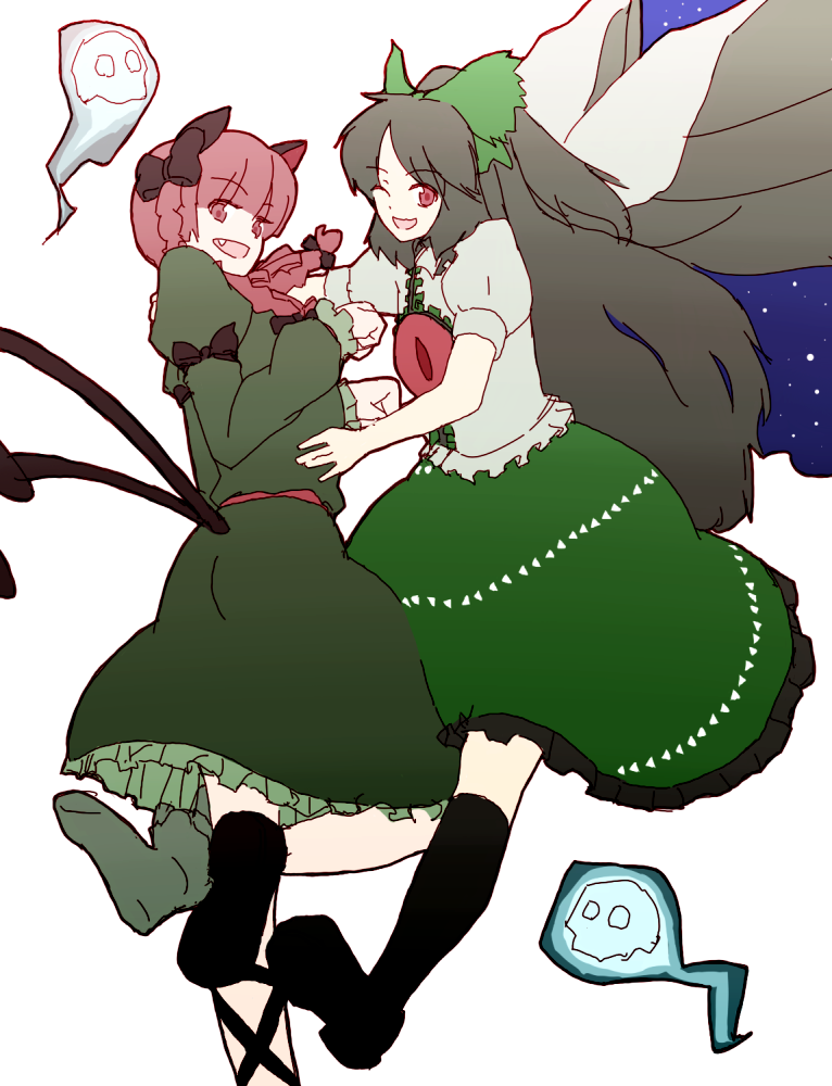 gizajuu, kaenbyou rin, reiuji utsuho, touhou, bad id, bad pixiv id, 2girls, animal ears, black hair, blush, brown eyes, cat ears, cat girl, cat tail, female focus, ghost, long hair, multiple girls, red eyes, red hair, ribbon, tail, wings