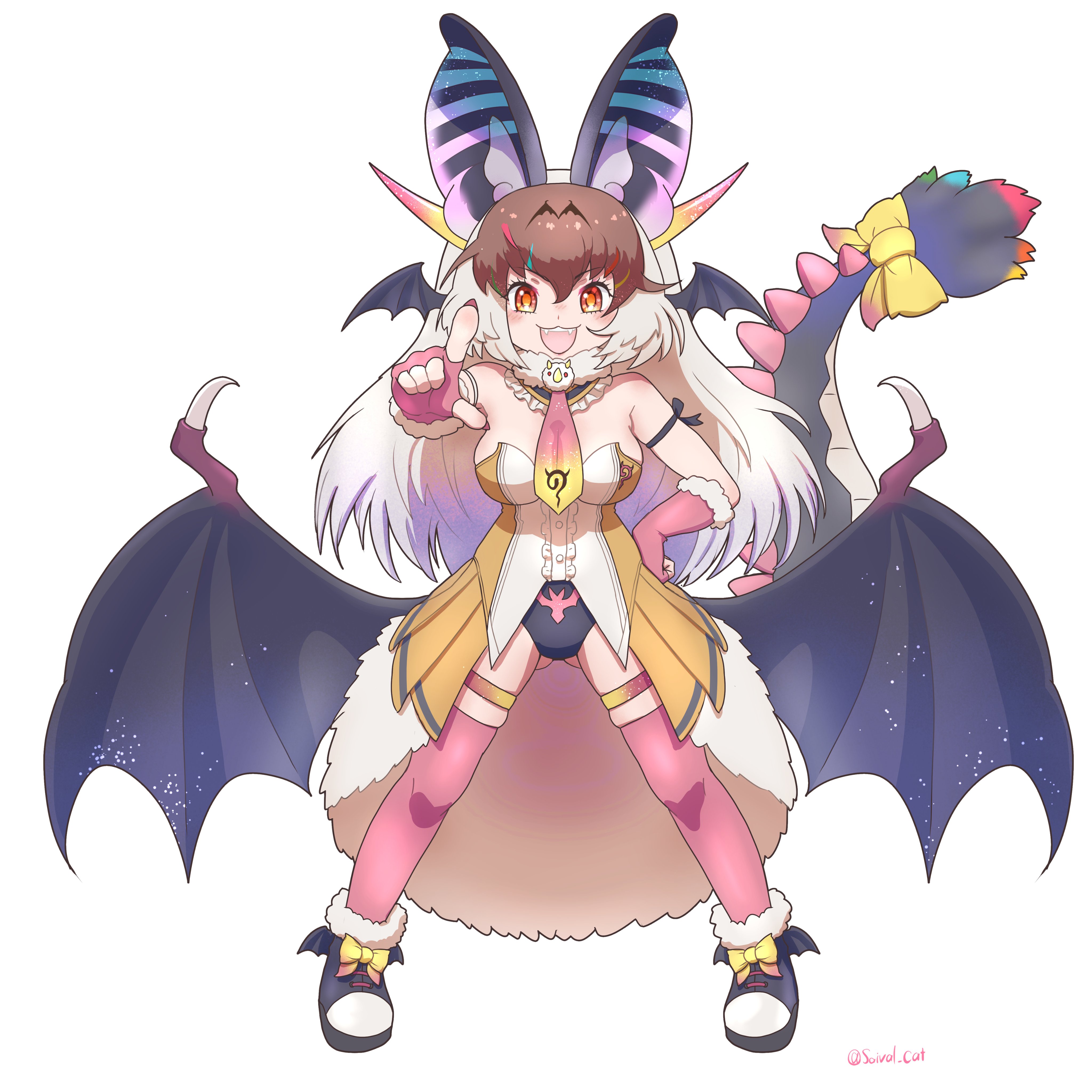 saival cat, brown long-eared bat (kemono friends), kemono friends, kemono friends 3, kemono friends v project, absurdres, highres, 1girl, animal ears, bat ears, bat girl, bat wings, brown eyes, brown hair, dragon serval (kemono friends), elbow gloves, extra ears, fingerless gloves, full body, gloves, grey hair, horns, leotard, long hair, looking at viewer, microphone, multicolored hair, necktie, ribbon, shoes, simple background, skirt, solo, streaked hair, tail, thighhighs, virtual youtuber, wings