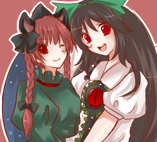 kaenbyou rin, reiuji utsuho, touhou, 2girls, animal ears, black hair, blush, braid, brown eyes, cat ears, cat girl, cat tail, female focus, long hair, multiple girls, red eyes, red hair, ribbon, tail, upper body, wings