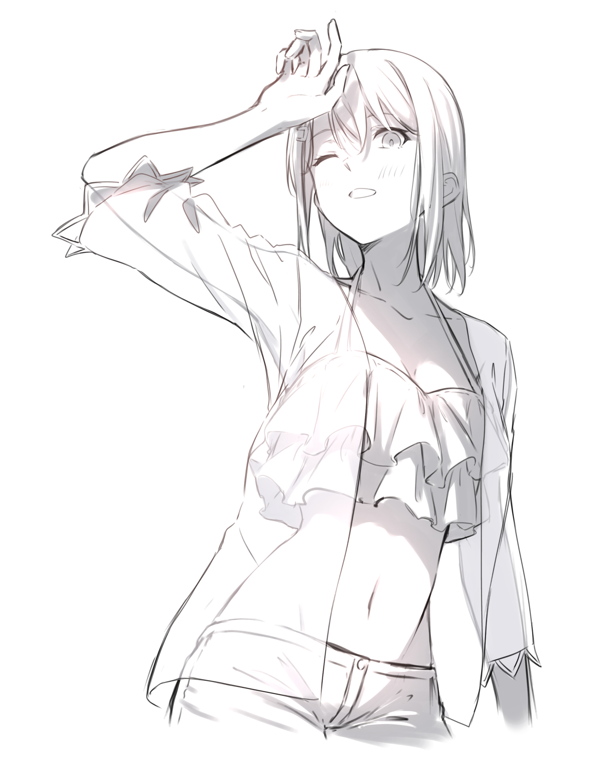 kanade (kanade 3344), okusawa misaki, bang dream!, absurdres, commentary, highres, 1girl, bikini, blush, breasts, cleavage, frilled bikini, frills, hair ornament, hairclip, medium breasts, one eye closed, open clothes, open mouth, open shirt, shading face, shorts, simple background, solo, swimsuit, white background