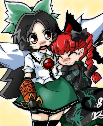 nekoyuu, kaenbyou rin, reiuji utsuho, touhou, bad id, bad pixiv id, 2girls, animal ears, black hair, blush, braid, brown eyes, cat ears, cat girl, cat tail, female focus, long hair, multiple girls, red eyes, red hair, ribbon, tail, tears, thighhighs, wings