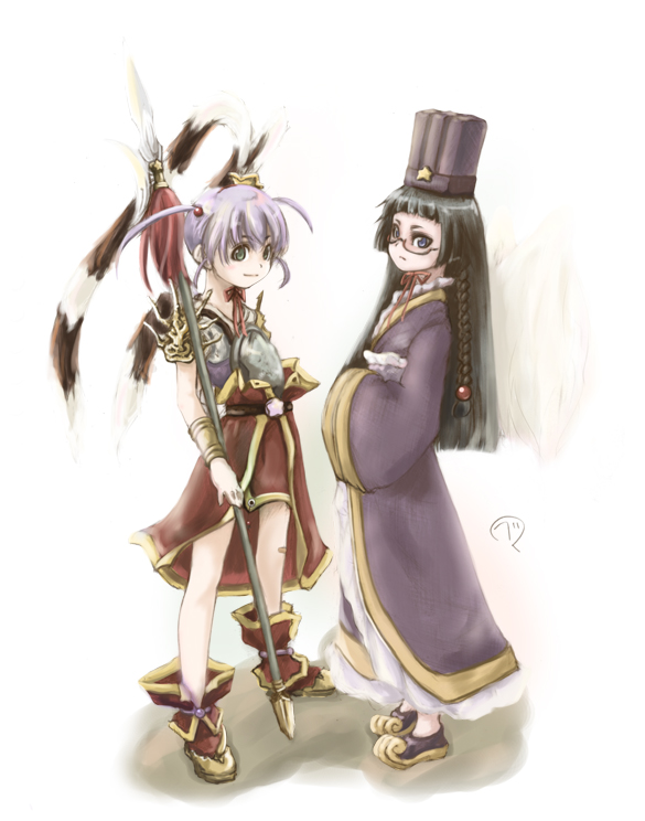beik, yonekura hisaki, chin kyuu, chinkyuu (koihime musou), ryofuko, yawaraka sangokushi tsukisase!! ryofuko-chan, 00s, 2girls, armor, black hair, blue eyes, braid, glasses, green eyes, green hair, halberd, hat, headdress, long hair, looking at viewer, multiple girls, polearm, purple hair, short hair, simple background, spear, standing, twintails, weapon, white background