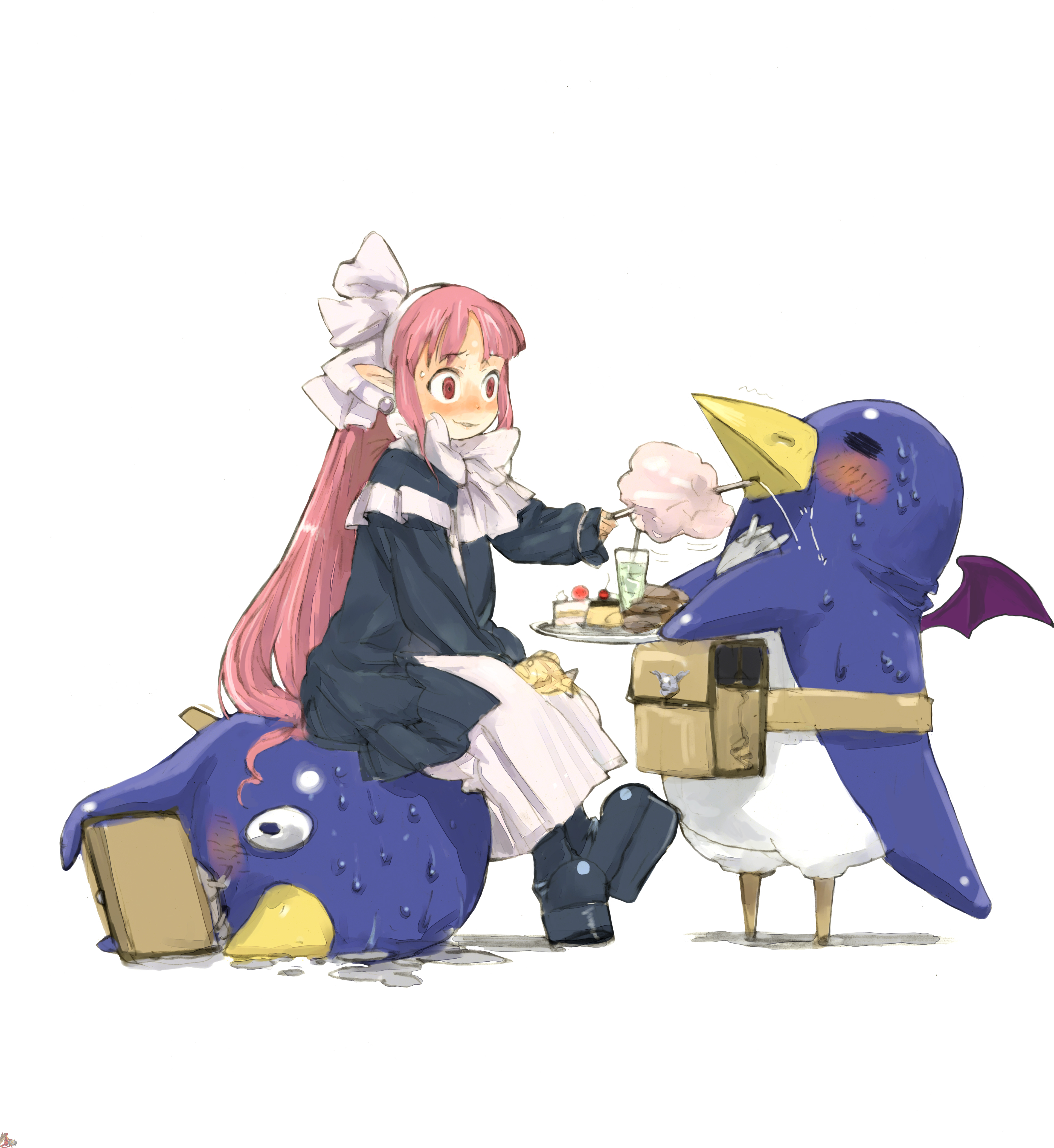 toi8, mage (disgaea), prinny, disgaea, makai senki disgaea 2, absurdres, highres, blush, cake, drink, food, pastry, solo