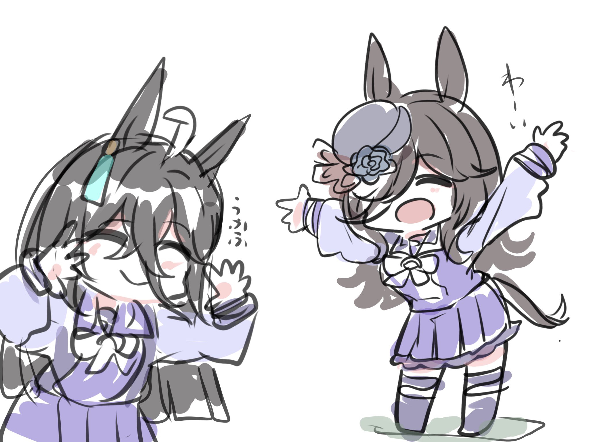 kawamochi (tddm3573), manhattan cafe (umamusume), rice shower (umamusume), umamusume, highres, translation request, 2girls, :d, ^ ^, ahoge, animal ears, arms up, black hair, black hat, blue flower, blue rose, blush, bow, closed eyes, closed mouth, flower, hair between eyes, hair over one eye, hat, hat flower, horse ears, horse girl, horse tail, long hair, long sleeves, multicolored hair, multiple girls, open mouth, pleated skirt, puffy long sleeves, puffy sleeves, purple shirt, purple skirt, purple thighhighs, rose, school uniform, shirt, simple background, sketch, skirt, smile, standing, tail, thighhighs, tilted headwear, tracen school uniform, two-tone hair, very long hair, white background, white bow, white hair