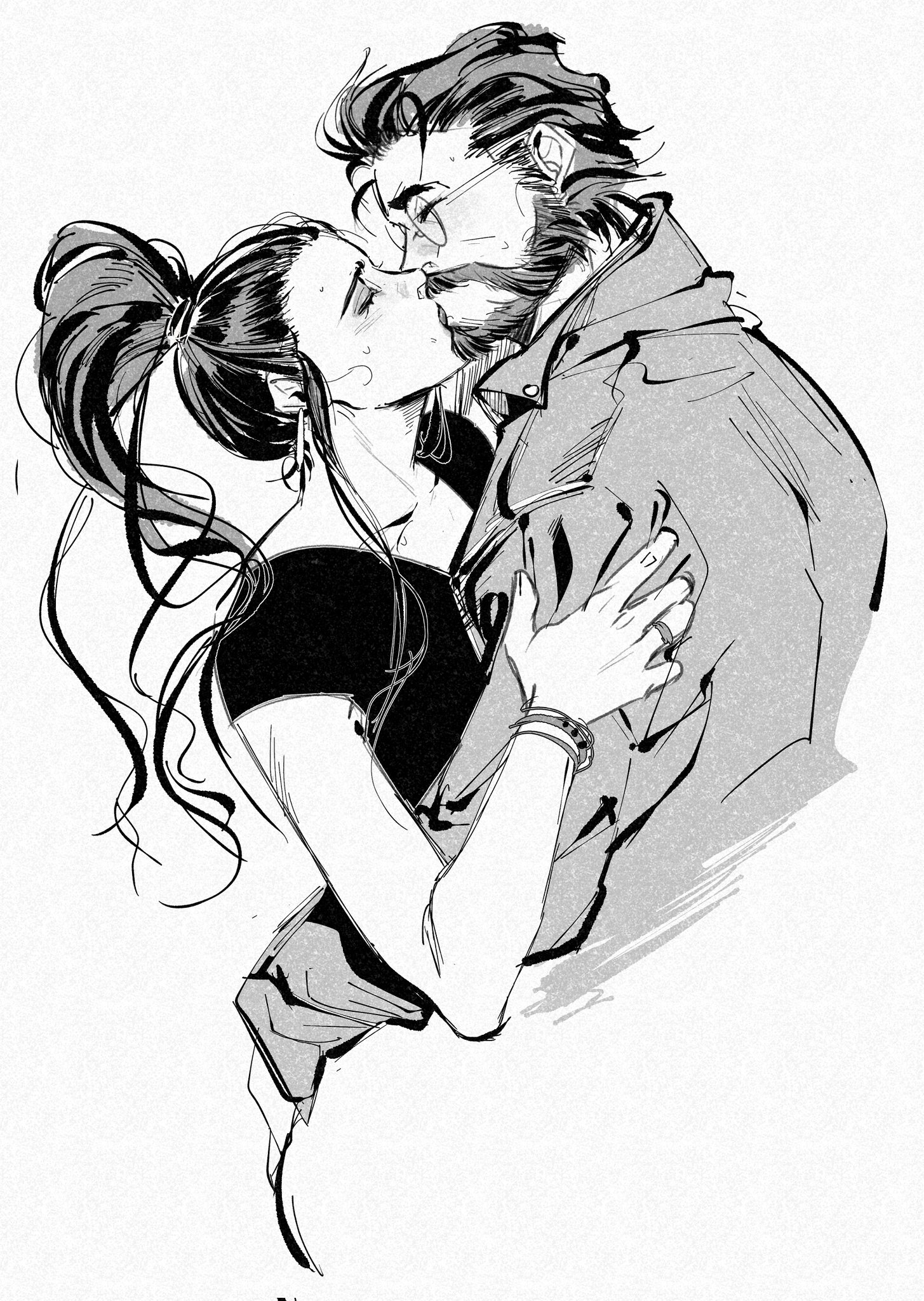 lun chuan weizhi, mary jane watson, peter parker, marvel, spider-man (series), ultimate spider-man (2024), highres, 1boy, 1girl, beard, bracelet, closed eyes, couple, cropped torso, facial hair, french kiss, from side, glasses, greyscale, hand on another's ass, hetero, high ponytail, holding another's arm, jacket, jewelry, kiss, long hair, monochrome, ponytail, ring, round eyewear, shirt, short hair, simple background, sweat, upper body, wedding ring