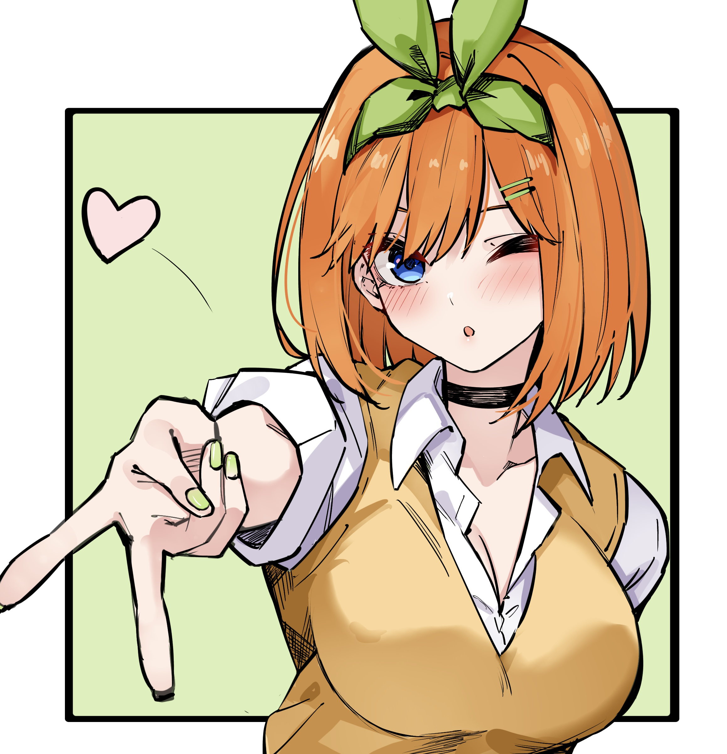 mame1645, nakano yotsuba, go-toubun no hanayome, absurdres, commentary request, highres, 1girl, ;o, black choker, blowing kiss, blue eyes, border, breasts, choker, cleavage, green background, green hairband, green nails, green ribbon, green skirt, gyaru v, hair between eyes, hairband, heart, large breasts, looking at viewer, one eye closed, orange hair, outside border, parted lips, ribbon, skirt, smile, solo, sweater vest, upper body, v, white border, yellow sweater vest
