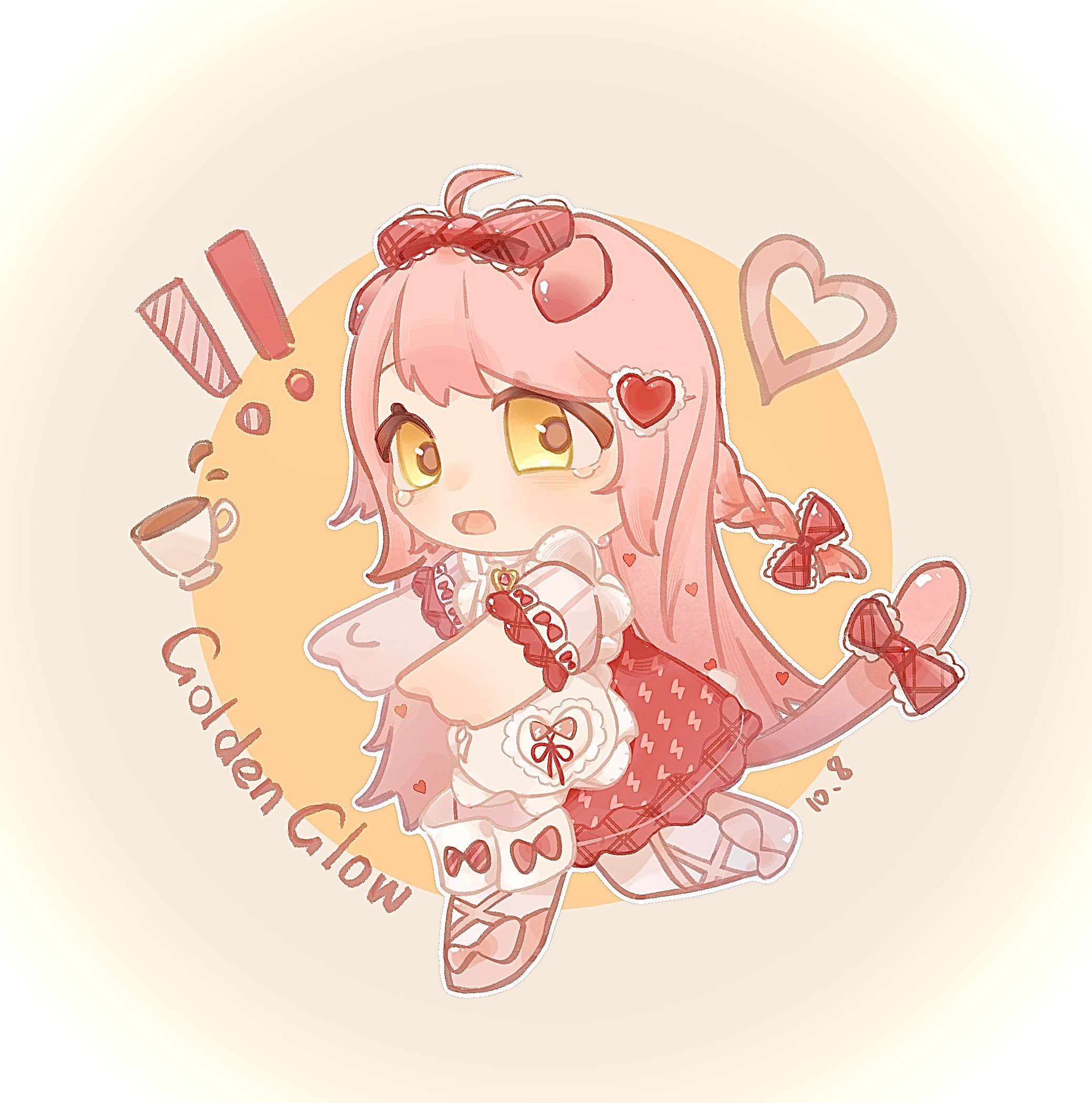 goldenglow (arknights), goldenglow (party in the garden) (arknights), arknights, chinese commentary, commentary request, highres, !, !!, 1girl, ahoge, animal ears, apron, ballet slippers, bow, braid, cat ears, cat girl, cat tail, character name, chibi, circle, cup, dress, dropping, embarrassed, eyelashes, floppy ears, footwear bow, fox39367, frilled apron, frilled dress, frills, hair bow, hair ornament, hairclip, heart, heart hair ornament, lace-trimmed bow, lace trim, light blush, lightning bolt print, long hair, maid, medium dress, multiple hair bows, official alternate costume, open mouth, outline, pantyhose, pink bow, pink hair, pink shoes, plaid bow, pocket, print dress, puffy short sleeves, puffy sleeves, red bow, red dress, running, shoes, short sleeves, single braid, sleeve bow, solo, straight hair, striped clothes, tail, tail bow, tail ornament, tareme, teacup, tearing up, vertical-striped clothes, very long hair, white apron, white outline, white pantyhose, white sleeves, yellow background, yellow eyes