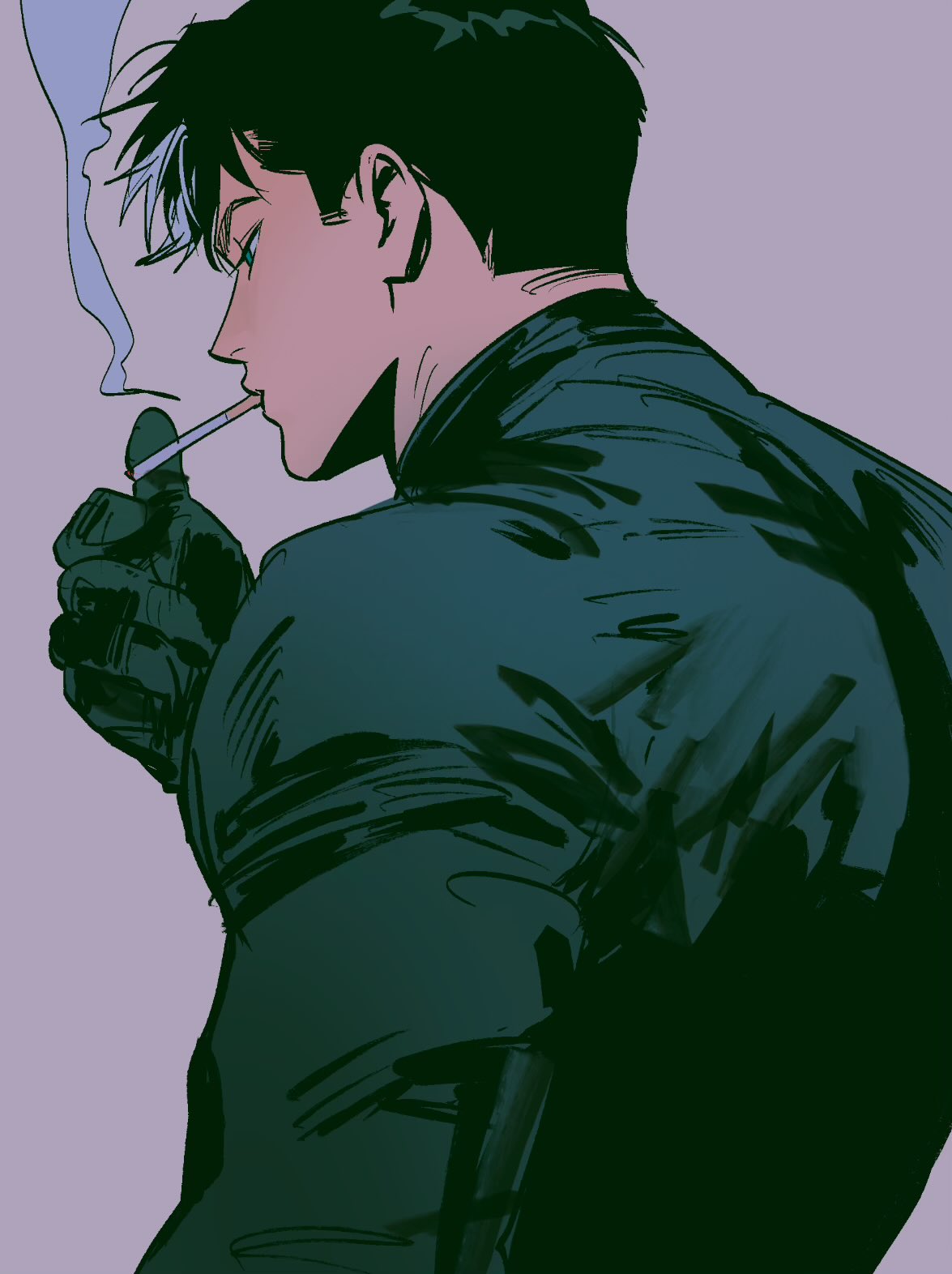 jason todd, batman (series), dc comics, highres, 1boy, arm up, black gloves, black hair, black shirt, blue eyes, cigarette, from side, ghksxodh, gloves, grey background, long sleeves, looking down, male focus, multicolored hair, profile, shirt, short hair, short sideburns, simple background, smoke, smoke trail, smoking, solo, streaked hair, upper body, white hair