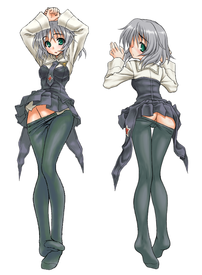 peter (artist), sanya v. litvyak, strike witches, world witches series, silver hair, 00s, 1girl, arms up, ass, black pantyhose, clothes lift, clothes pull, dakimakura (medium), feet, green eyes, groin, multiple views, no panties, pantyhose, pantyhose pull, short hair, skirt, skirt lift