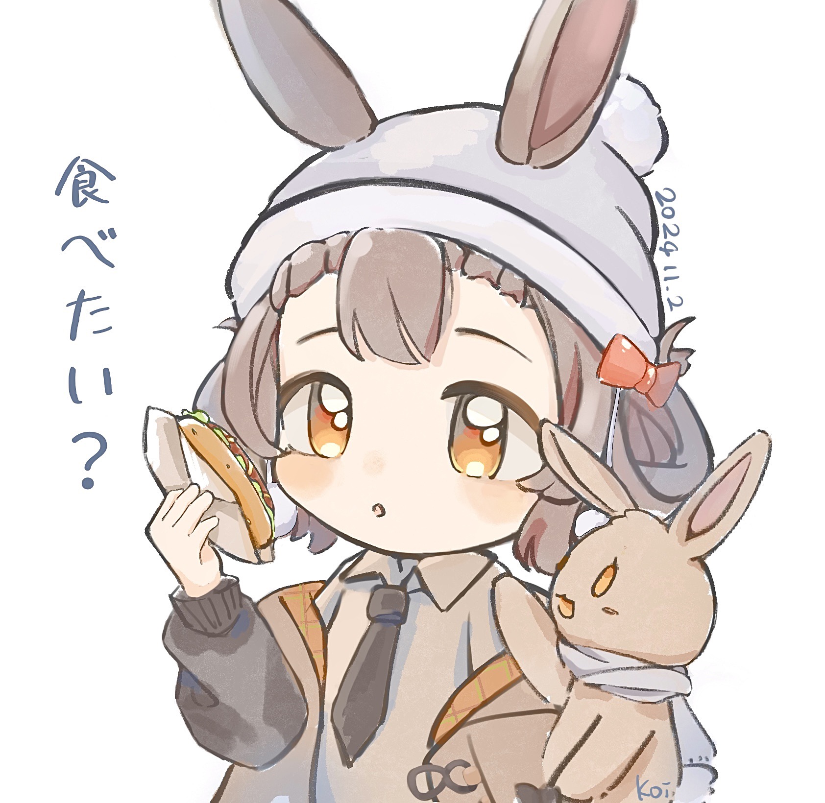 warmy (arknights), warmy (warm velvet at the corner) (arknights), arknights, chinese commentary, commentary request, highres, translation request, 1girl, :o, animal ears, beanie, black necktie, black sleeves, bow, brown coat, brown hair, brown shirt, burger, chibi, coat, coat partially removed, collared shirt, curious, dated, ears through headwear, food, food wrapper, fox39367, fur-trimmed headwear, fur trim, grey hat, hair bow, hair rings, hat, holding, holding food, light blush, long sleeves, necktie, official alternate costume, orange eyes, parted lips, pom pom (clothes), pom pom beanie, puffy long sleeves, puffy sleeves, rabbit ears, rabbit girl, red bow, shirt, short hair, signature, simple background, solo, stuffed animal, stuffed rabbit, stuffed toy, tareme, white background, winter clothes, winter coat