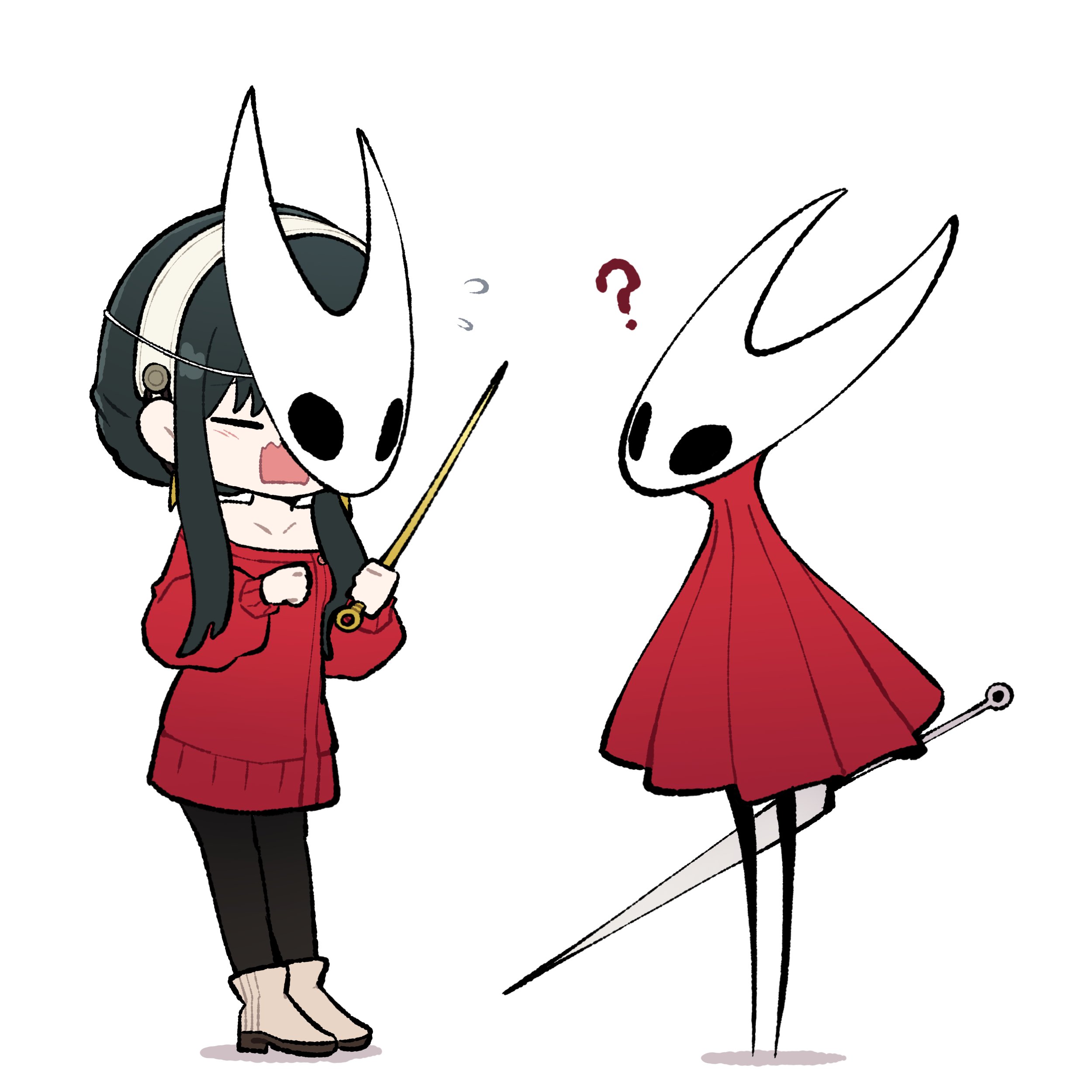 leamun, hornet (hollow knight), yor briar, hollow knight, spy x family, absurdres, commentary request, highres, 2girls, ?, black hair, black pantyhose, boots, chibi, chibi only, cloak, closed eyes, collarbone, cosplay, dagger, earrings, flying sweatdrops, full body, grey boots, hairband, holding, holding sword, holding weapon, hollow eyes, hornet (hollow knight) (cosplay), jewelry, knife, long hair, long sleeves, multiple girls, off shoulder, open mouth, pantyhose, red cloak, red sweater, sidelocks, standing, sweater, sword, weapon, white background, white hairband, white mask