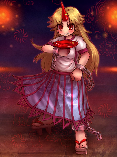 sankuma, hoshiguma yuugi, touhou, 1girl, blonde hair, chain, cup, female focus, horns, long hair, sakazuki, sandals, single horn, solo