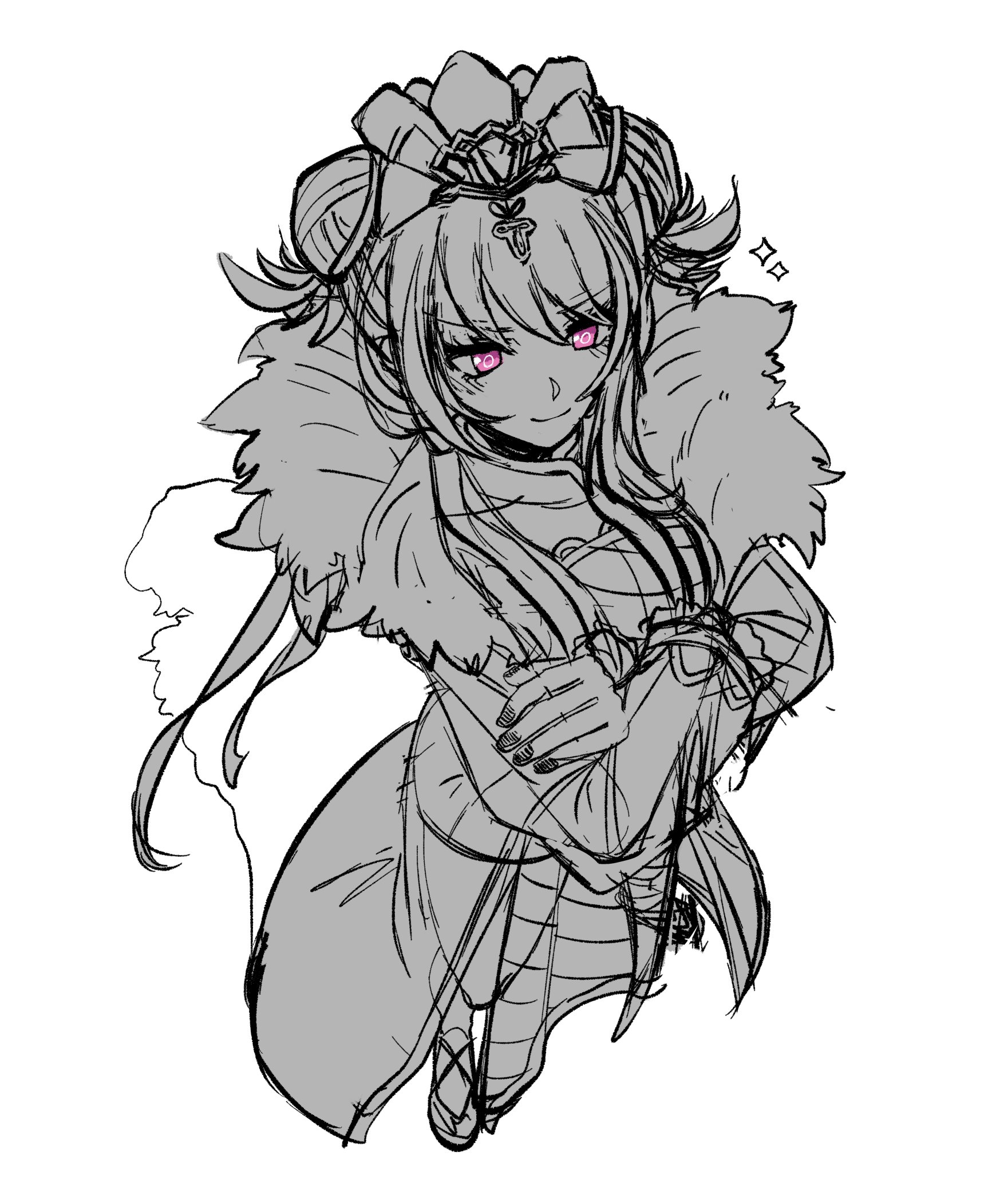 3nu13nu1, jia xichun (project moon), limbus company, project moon, highres, 1girl, chinese clothes, coat, crossed arms, double bun, full body, fur-trimmed coat, fur trim, hair bun, long hair, long sleeves, looking at viewer, official alternate costume, partially colored, pink eyes, shrug (clothing), simple background, solo, standing, twintails, white background