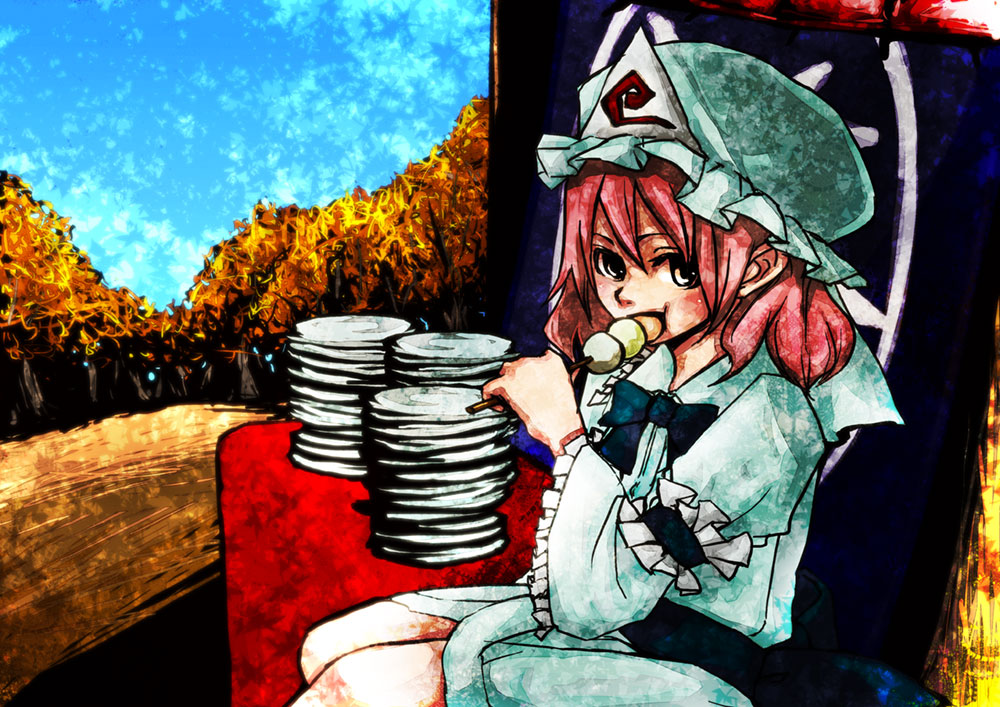 inaba ryuuji, inaba mob (touhou), saigyouji yuyuko, touhou, 1girl, dango, eating, female focus, food, hat, japanese clothes, kimono, pink hair, plate, plate stack, ribbon, sanshoku dango, short hair, solo, wagashi