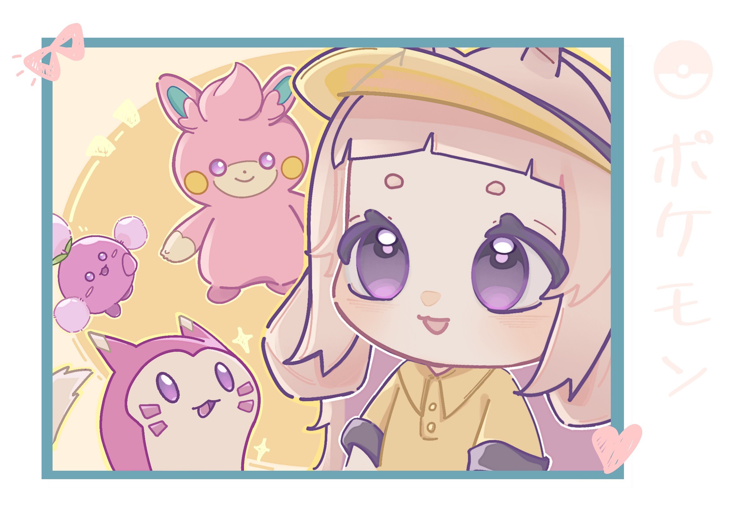 nintendo, original, pokemon, character request, chinese commentary, commentary request, highres, 1girl, animal ears, blunt bangs, border, buttons, chibi, collared shirt, copyright name, eyelashes, fox39367, happy, hat, light blush, long hair, looking ahead, lop rabbit ears, notice lines, open mouth, pink hair, poke ball, pokemon (creature), purple eyes, rabbit ears, rabbit girl, shirt, short sleeves, sleeve cuffs, smile, sparkle, straight hair, tareme, upper body, very long hair, visor cap, white border, yellow background, yellow hat, yellow shirt
