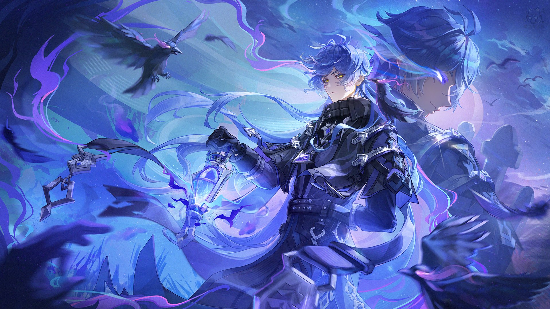 manyu chapaofan, flins (genshin impact), genshin impact, commentary, hashtag-only commentary, highres, 1boy, :|, antenna hair, arm up, belt, bird, black belt, black coat, black gloves, closed mouth, coat, cowboy shot, crow, empty eyes, full moon, gem, gloves, glowing, glowing eyes, holding, holding lantern, lantern, long hair, long sleeves, male focus, moon, multiple views, parted bangs, sky, sleeve cuffs, star (sky), starry sky, tombstone, very long hair, yellow eyes