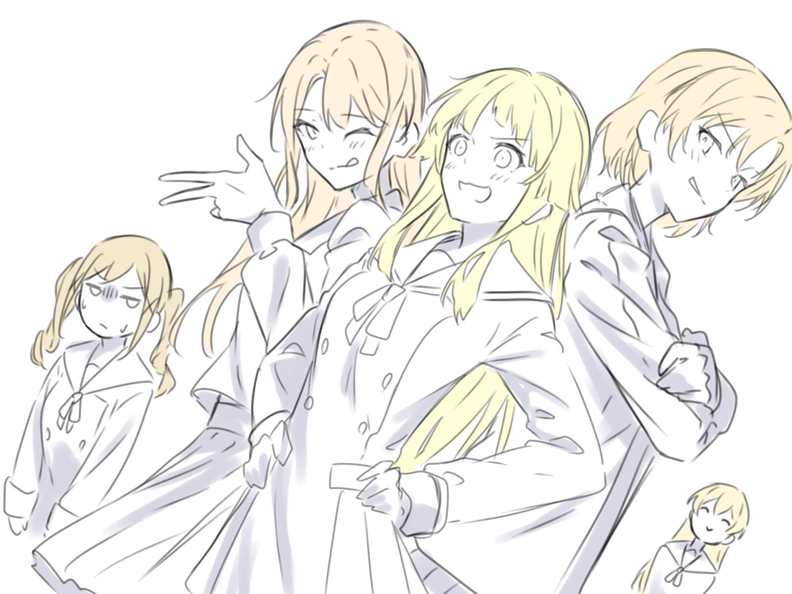 kanade (kanade 3344), ichigaya arisa, kirigaya toko, sato masuki, shirasagi chisato, tsurumaki kokoro, bang dream!, commentary, highres, 5girls, ^ ^, blonde hair, blush, closed eyes, closed mouth, color connection, crossed arms, dress, hair color connection, hanasakigawa school uniform, hands on own hips, long hair, long sleeves, multiple girls, one eye closed, open mouth, pleated dress, pleated skirt, sailor collar, school uniform, short hair, simple background, skirt, tsukinomori school uniform, white background