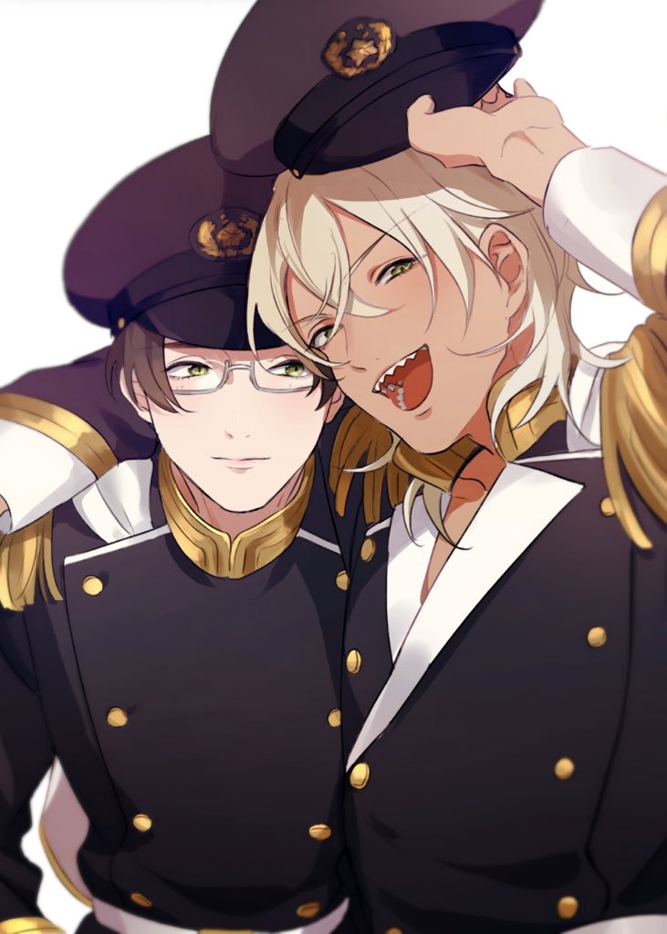 akutsu mabu, niiboshi reo, sarazanmai, commentary request, 2boys, arm around shoulder, black jacket, blonde hair, brown hair, closed mouth, epaulettes, green eyes, hair between eyes, hat, jacket, male focus, military hat, military uniform, multiple boys, open mouth, peaked cap, rectangular eyewear, shaaark rotta03, sharp teeth, short hair, simple background, teeth, upper body, white background